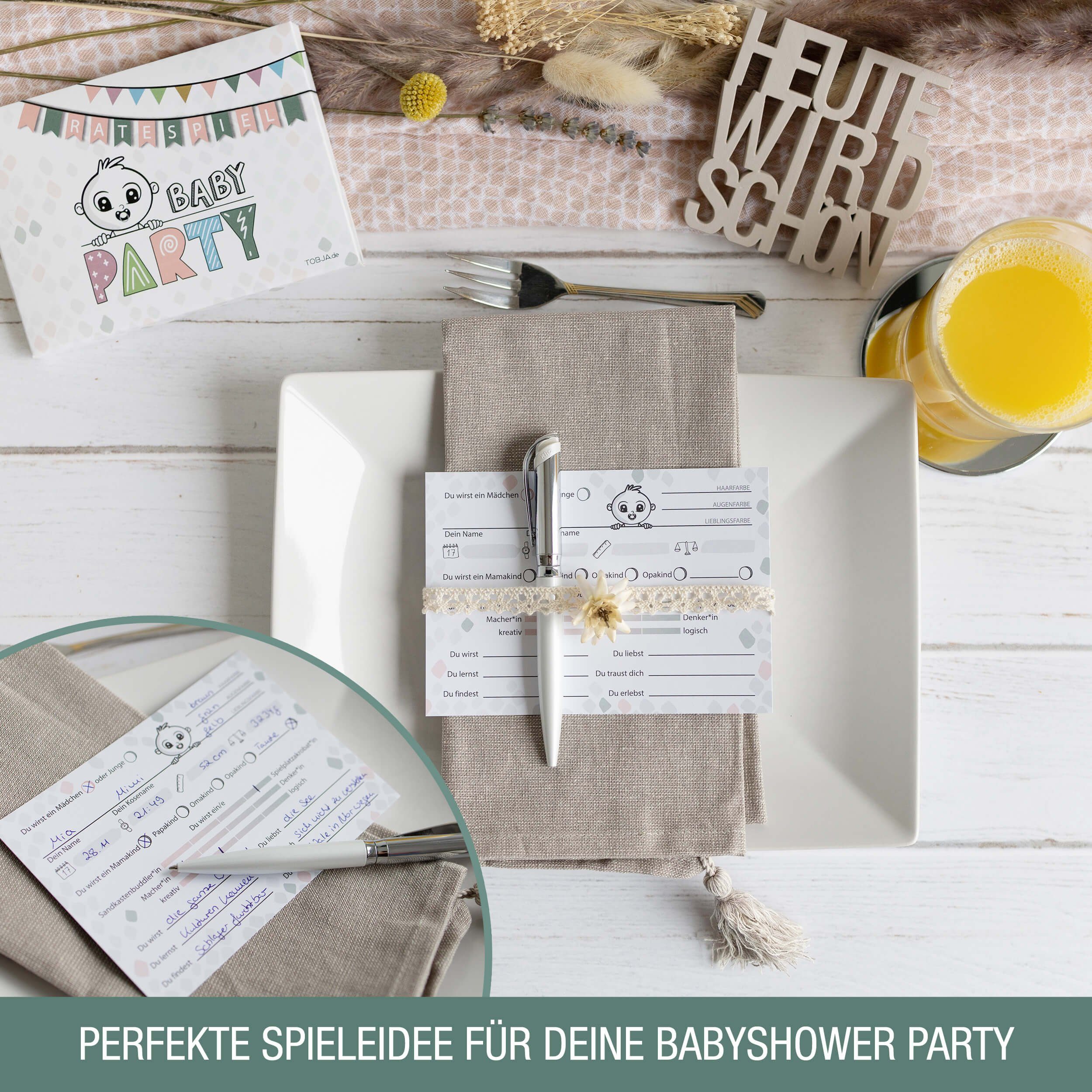 TOBJA Spiel Baby Geburt Ratespiel 25 Karten mit Box, Ratespiel-Karten, Für Baby-Shower Party Schwangerschaft, Orakel