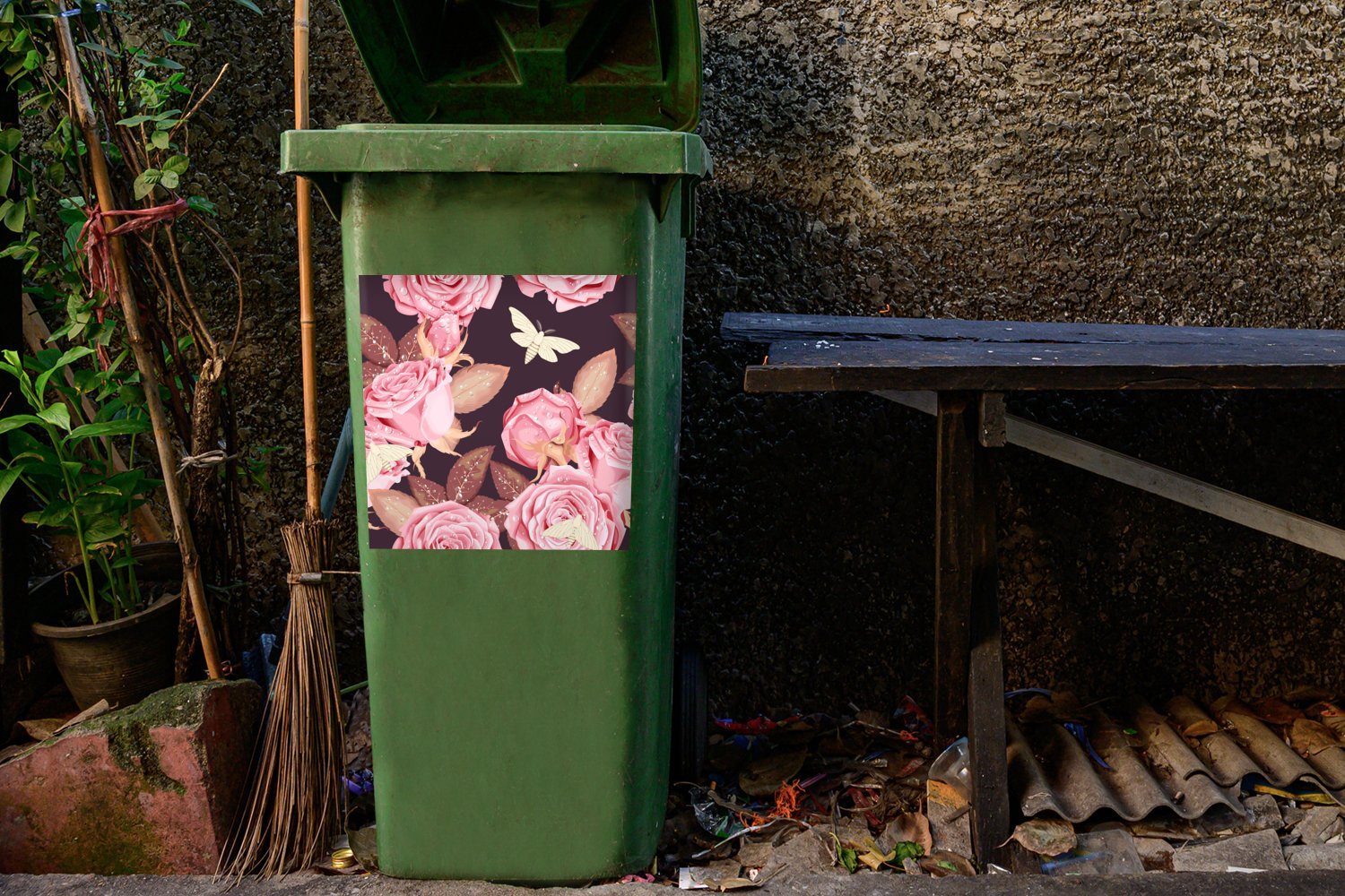 - Sticker, Abfalbehälter St), - Mülleimer-aufkleber, Container, Wandsticker Rosa Rosen Blumen Mülltonne, MuchoWow (1
