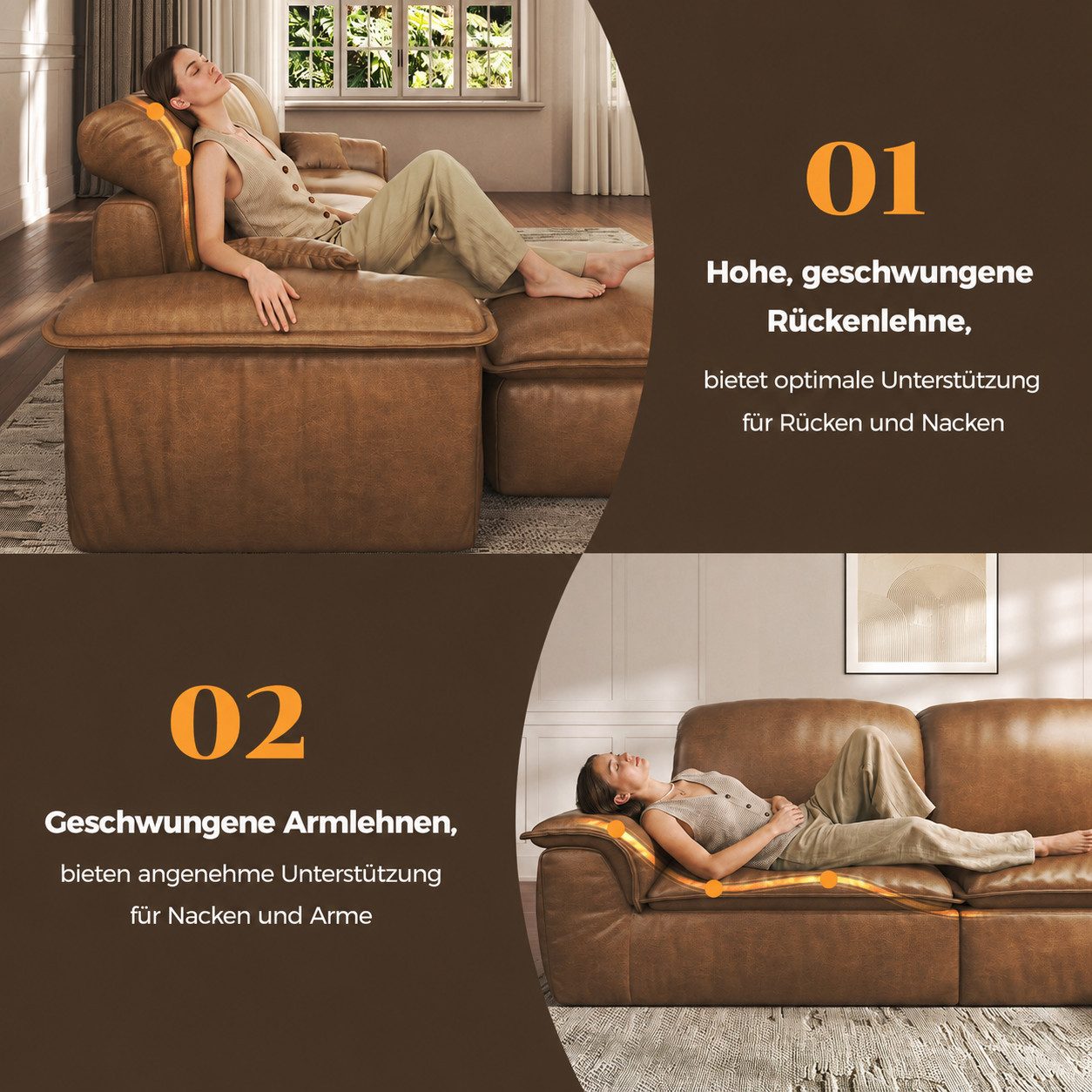 Patbrela Ecksofa 3-Sitzer mit Longchair, Weiches Lederoptik Sofa für Wohnzimmer, Keine Montage erforderlich