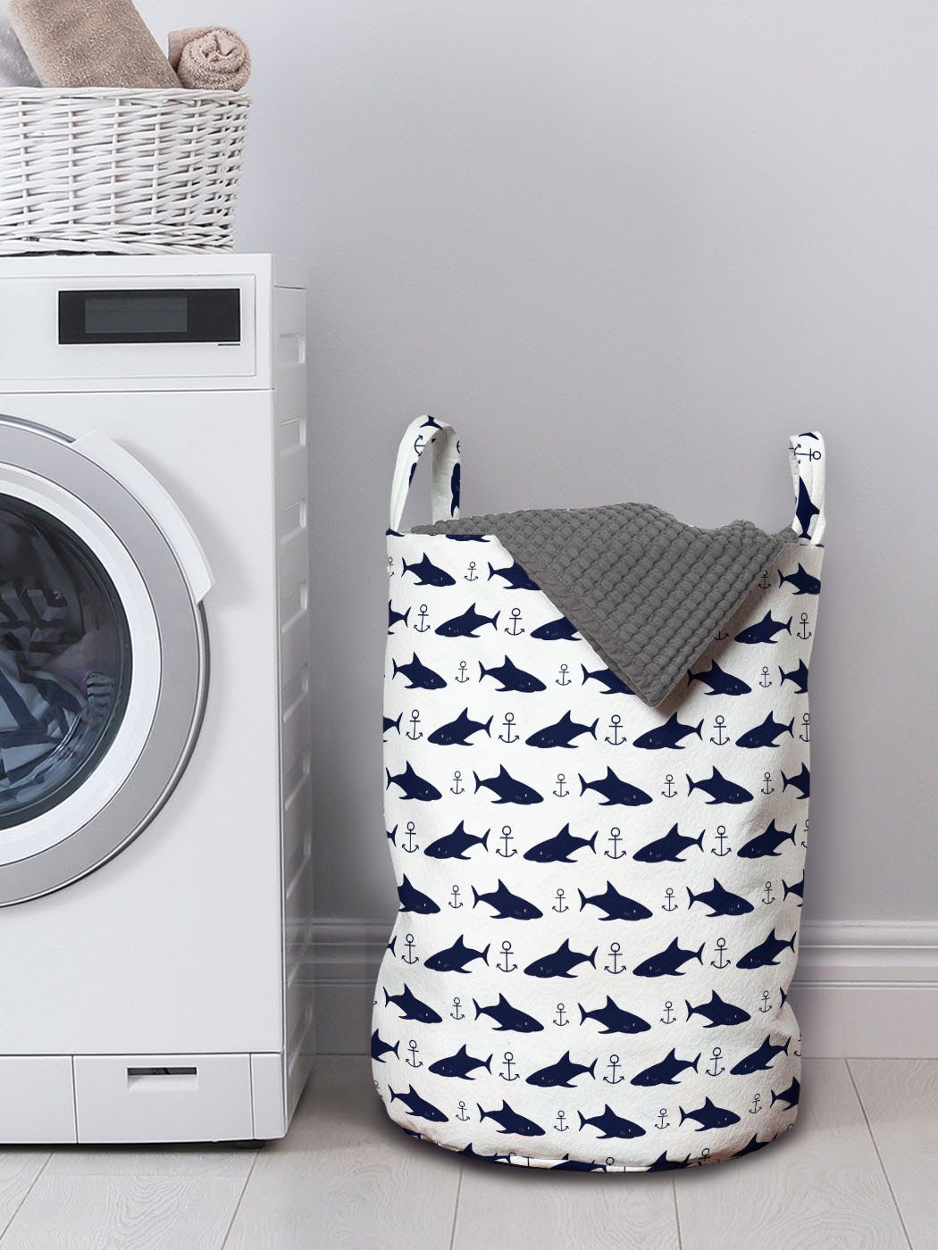 Wäschekorb Anker Aquatic Wäschesäckchen Sharks Abakuhaus Kordelzugverschluss Waschsalons, mit Moderne für Griffen