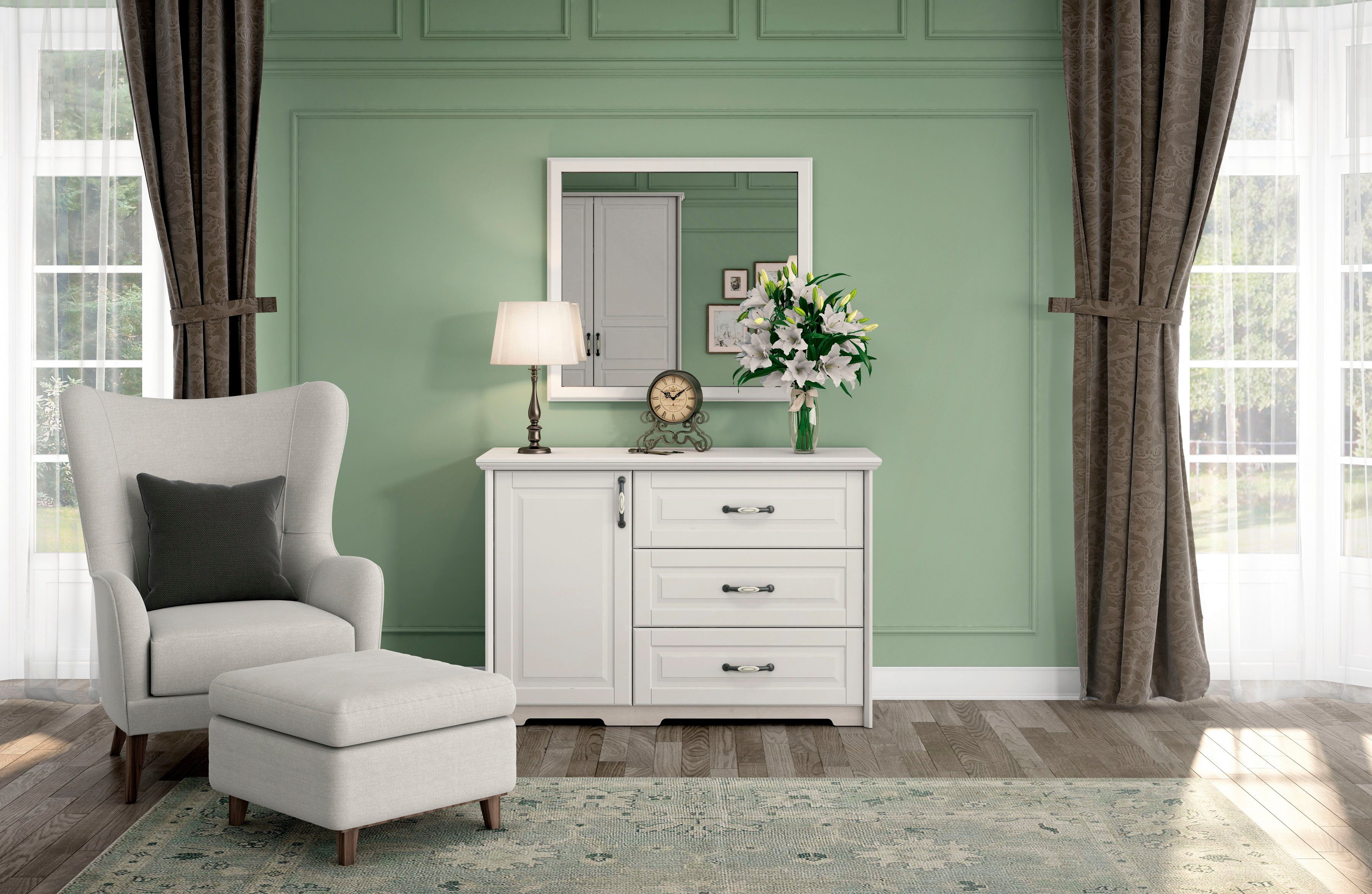 OTTO home Kombikommode Evergreen, Maße: B/T/H 131/48/88cm, Soft-Close-Funktion (1-türig und 3 Schubladen), im klassischen Landhausstil,FSC-zertifiziert,hochwertige UV Lackierung