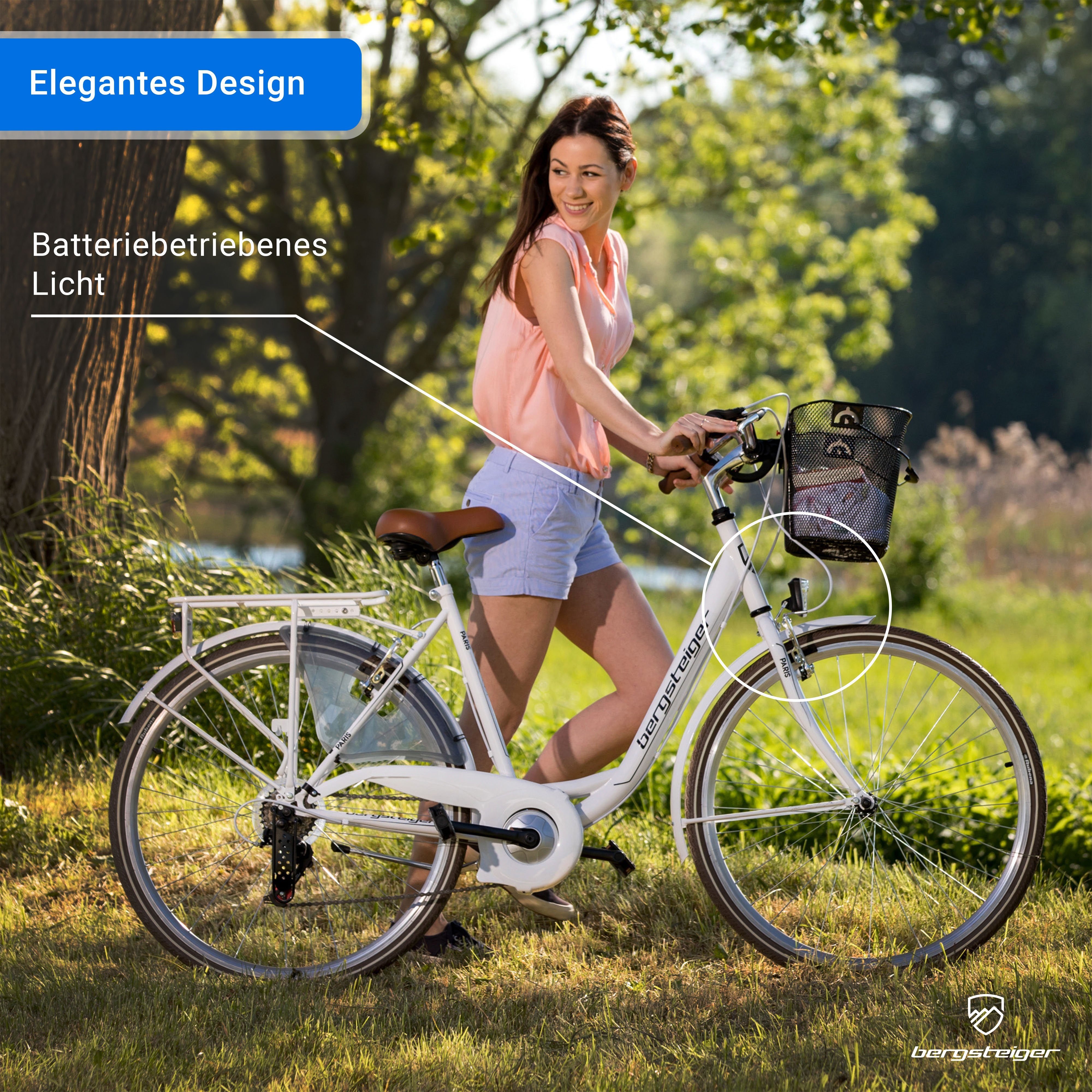 bergsteiger Cityrad Paris 26 Zoll, 28 Zoll Damenfahrrad, ab 140 cm, Korb, Licht, 6 Gang Shimano Tourney RD-TZ50 Schaltwerk, Kettenschaltung, V-Bremsen – Bild 4 von 5