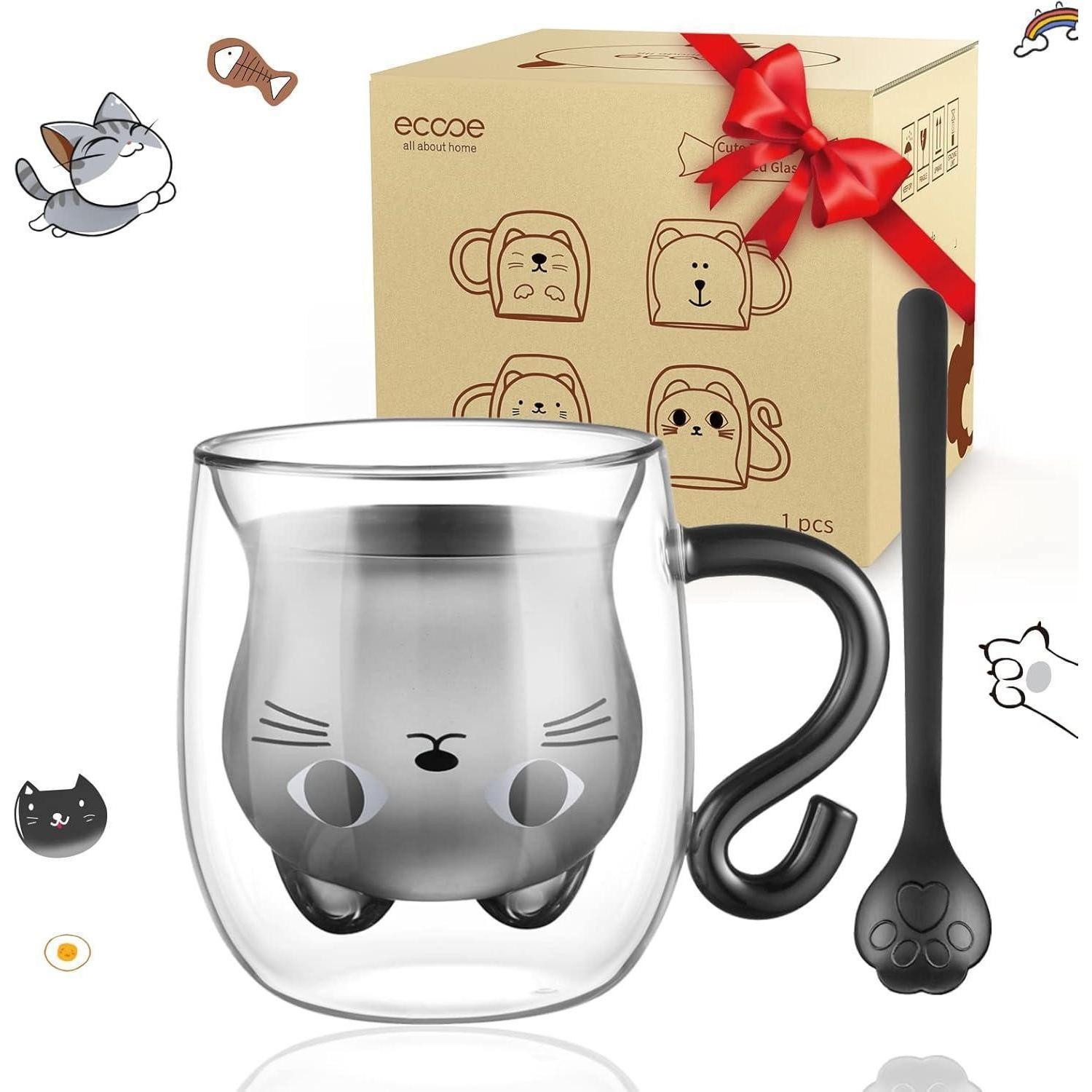 LuxusKollektion Latte-Macchiato-Glas Doppelwandige Süße Katze Latte Macchiato Gläser 290ml Set mit Löffel, Glas