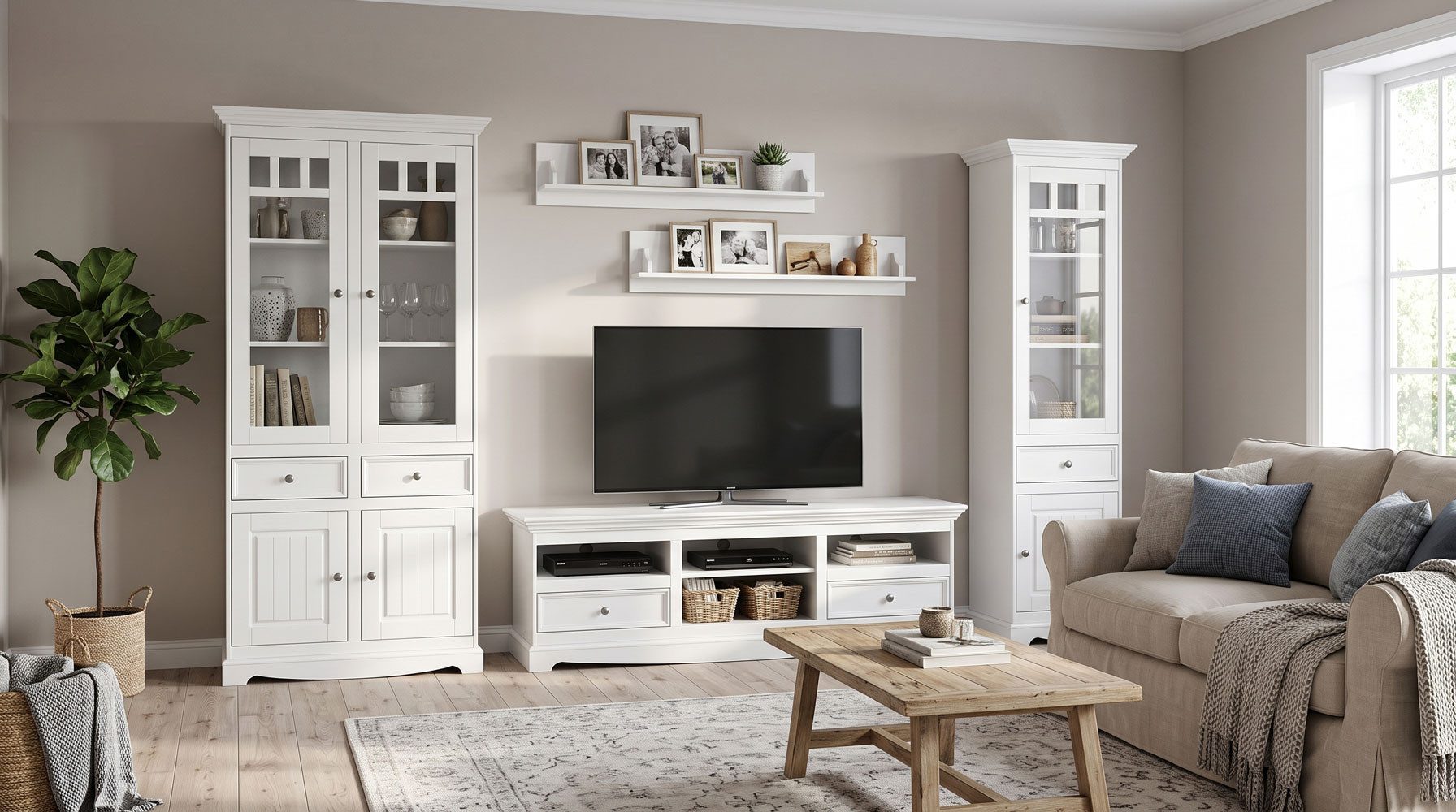 Feldmann-Wohnen Wohnwand Belluno Elegante, (mit Schubladen, mit Türen, mit Glaseinsatz, 5-St., moderne Optik, 5-teiliges Wohnzimmer-Set), 5-teilig Massivholz gebeizt / Kiefer weiß (RAL9010) lackiert