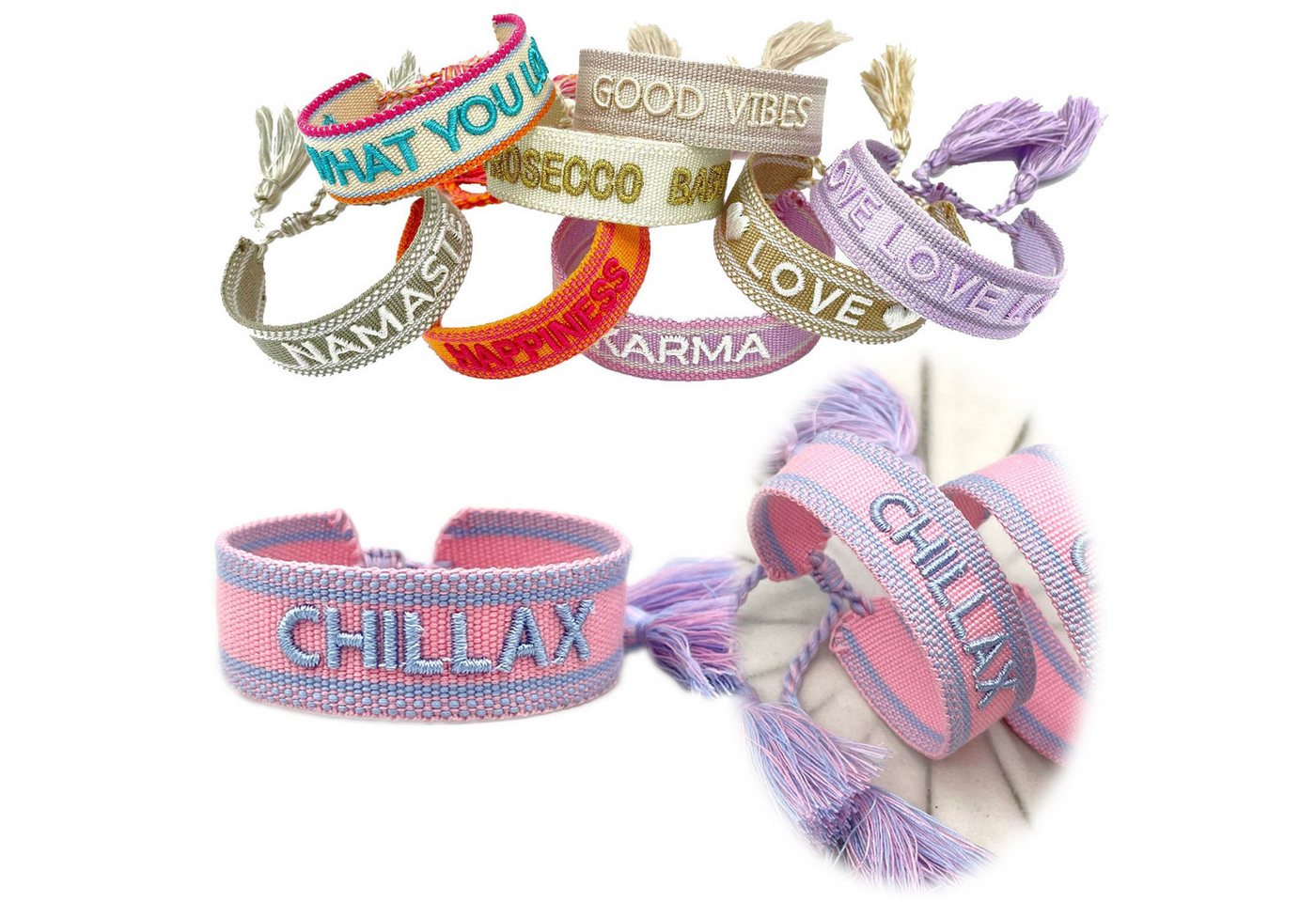 LS-LebenStil Armband Canvas Statement Armband Chillax Rose Blau Quasten bestickt (Baumwollarmband Webarmband Armbandliebe Freundschaftsarmband Freundschaftsband Partnerarmband, 1-tlg., textil geflochten gewebt - hochwertiger gestickter Spruch), perfekt al