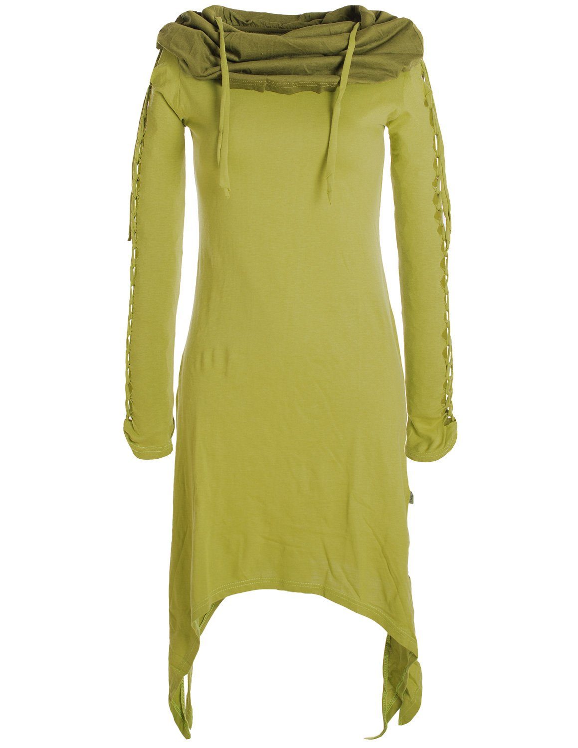 Vishes Zipfelkleid Zweifarbiges langarm Kleid aus Biobaumwolle mit Schalkragen Ethne, Goa, Boho, Elfen Style hellgrün