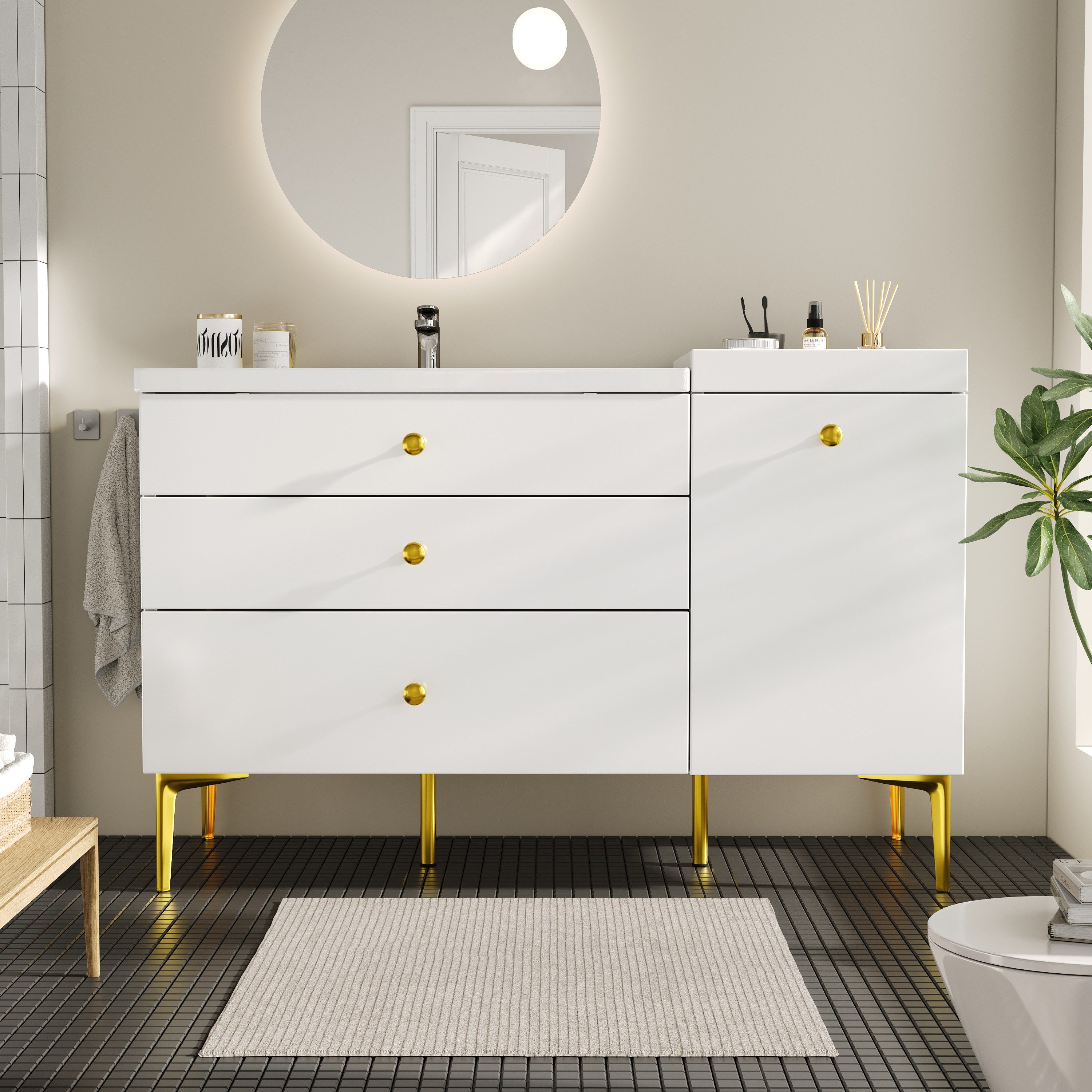 Flieks Waschtisch mit 3 Schubladen und abnehmbarer Aufbewahrungsbox (B120/T47,5/H80 cm, 1-St., bodenstehend Badzimmerschrank Waschplatz mit vergoldeten Metallfü – Bild 3 von 5