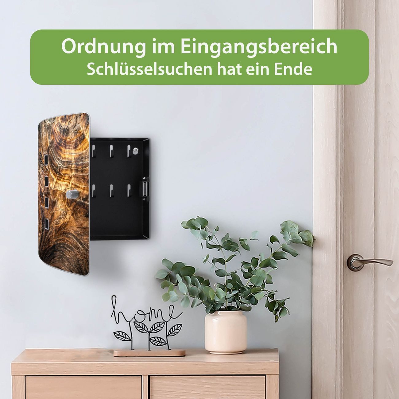 banjado Schlüsselkasten Edelstahl mit Motiv Holz Gemasert Lichtspiel (verstellbarer Magnetverschluss, mit 10 Haken, gebogene Tür, einstellbarer Magnet), 24 x 21,5 x 7 cm