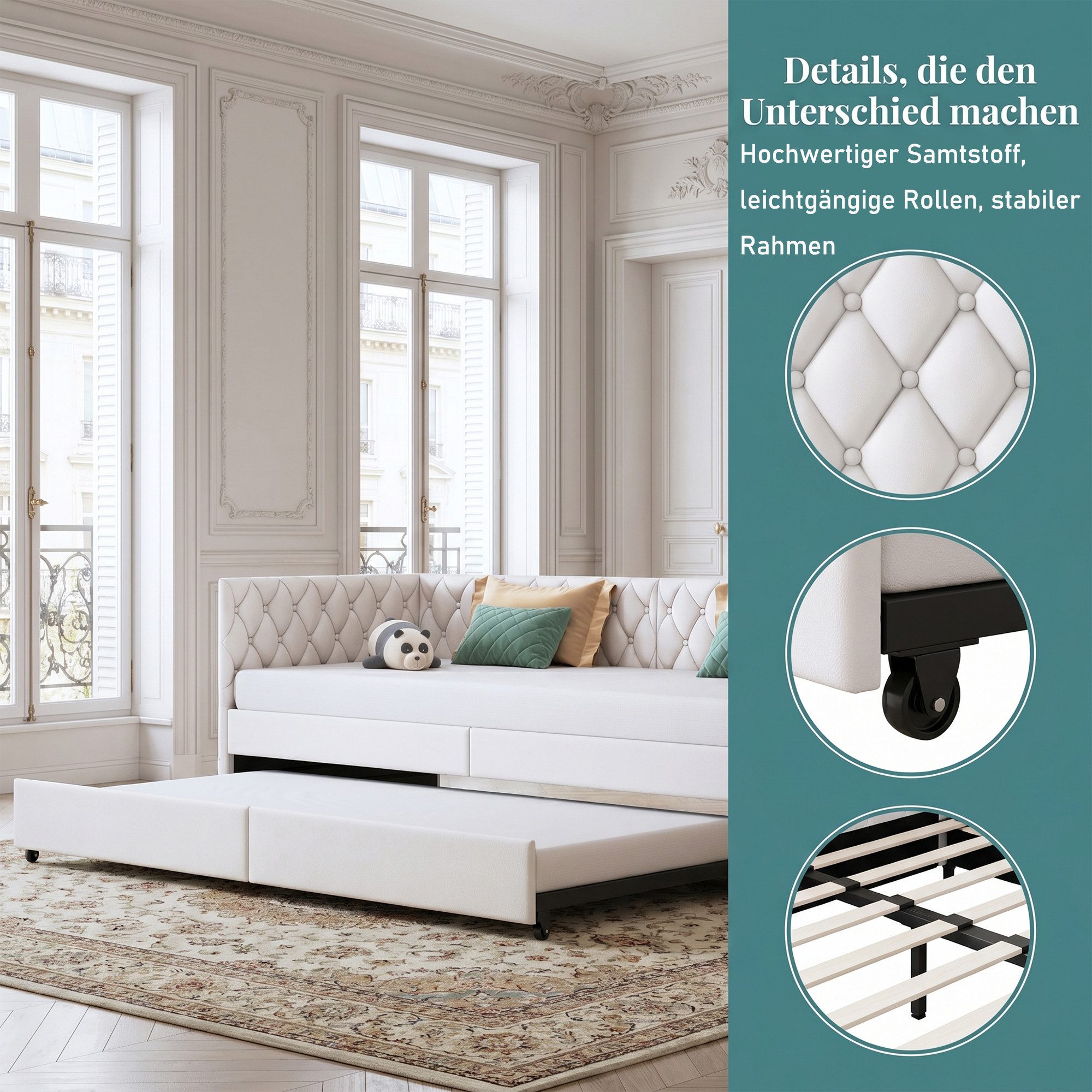 FUROKOY Schlafsofa Daybett Polsterbett Tagesbett mit Lattenrost, Ausziehbett 90x200cm,mit Rollen,Samt,Beige