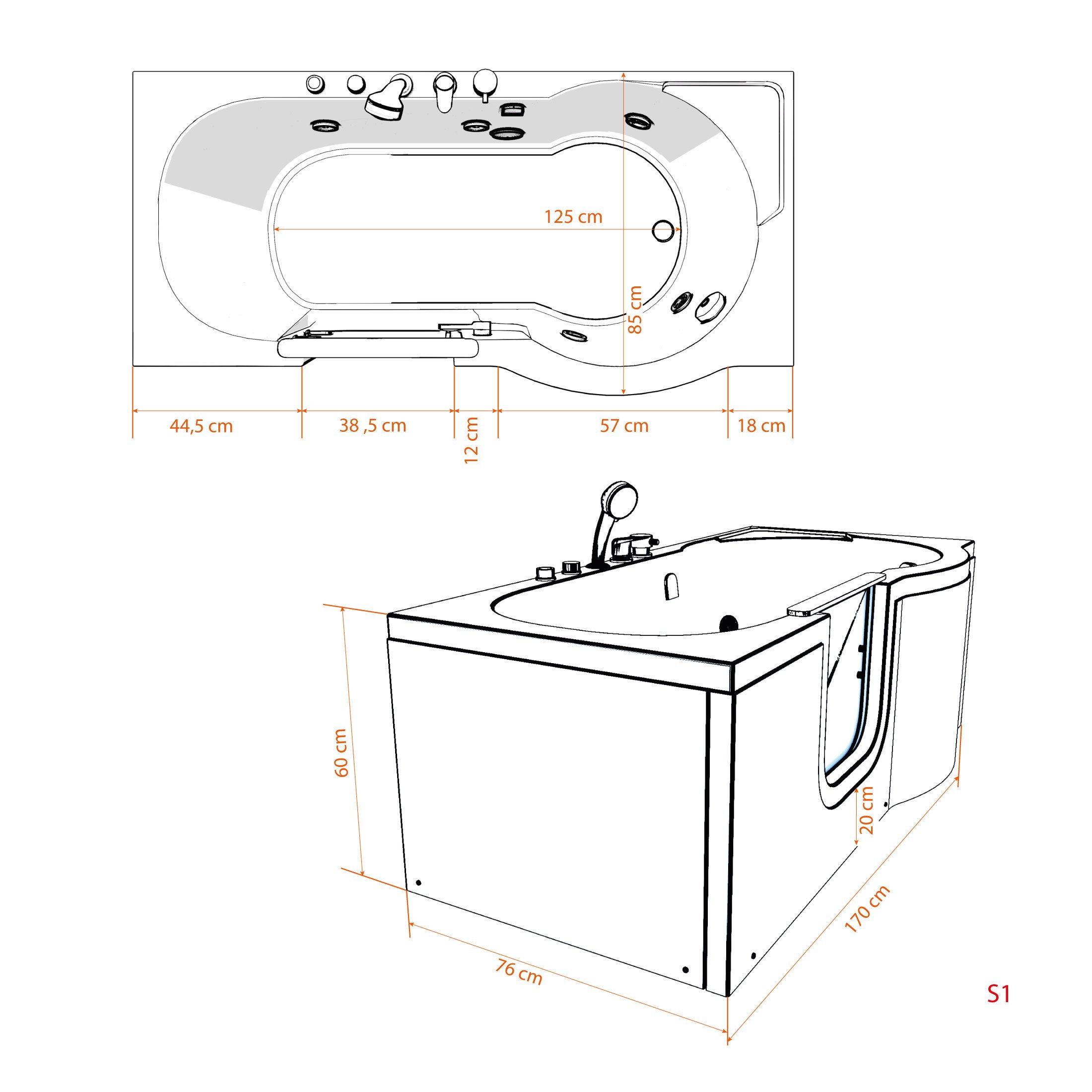AcquaVapore Whirlpool-Badewanne Sitzwanne Whirlpool Badewanne mit Tür S12-WP-L-ALL 170x85cm, (1-tlg), mit Ablaufgarnitur