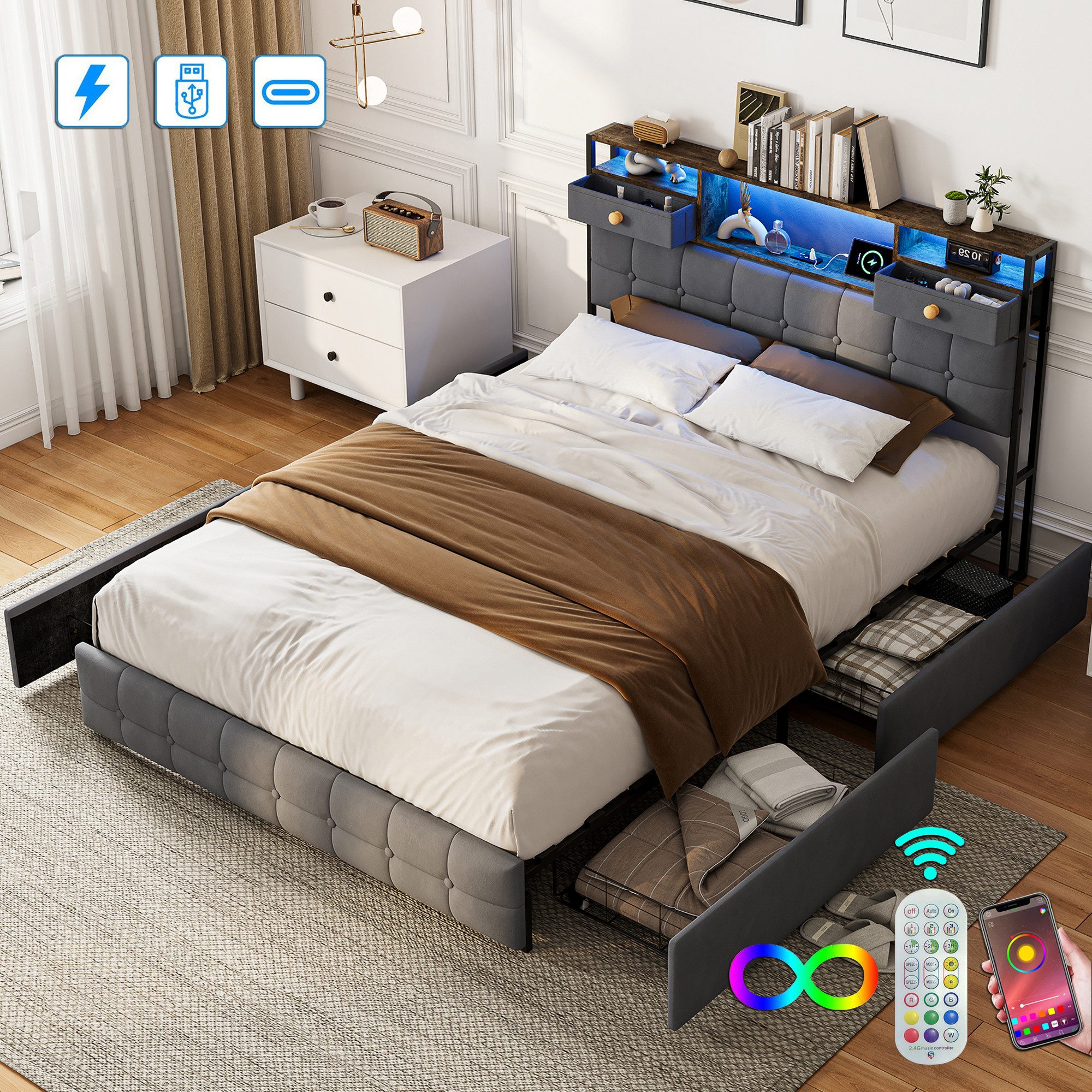 ADWOLT Polsterbett Doppelbett Stauraumbett mit 4 Schubladen und USB+Type C (Packung, 1-tlg., Jugendbett), 140x200 cm,Bettgestell mit Kopfteil und Lattenrost,Samtstoff - Grau