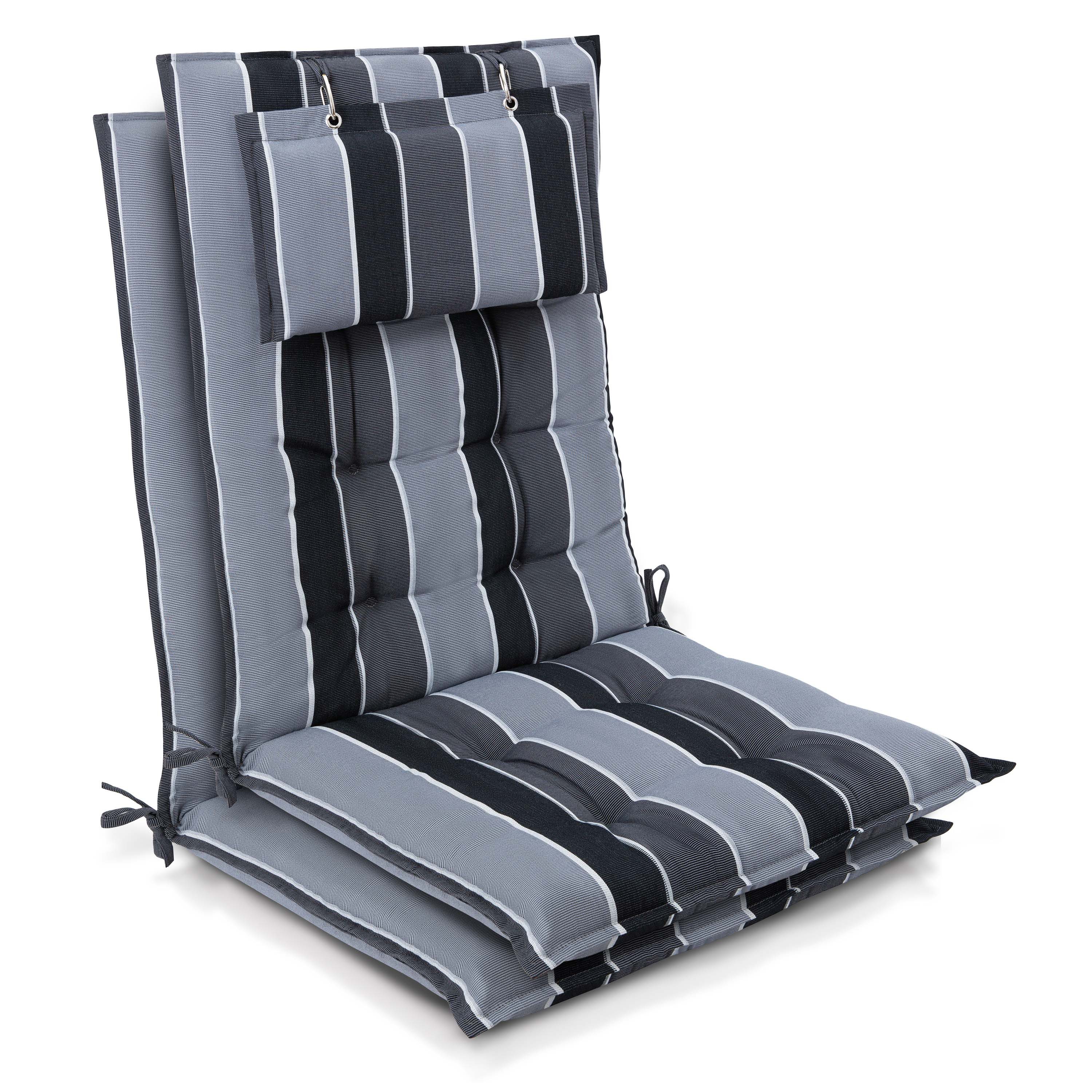 Beautissu Hochlehnerauflage 2er Set Sun-HL Hochlehner Auflage 120x50x8cm Anthrazit-Gestreift, Mit Kopfpolster, rutschfest & robust – Befestigungsbänder, UV 5