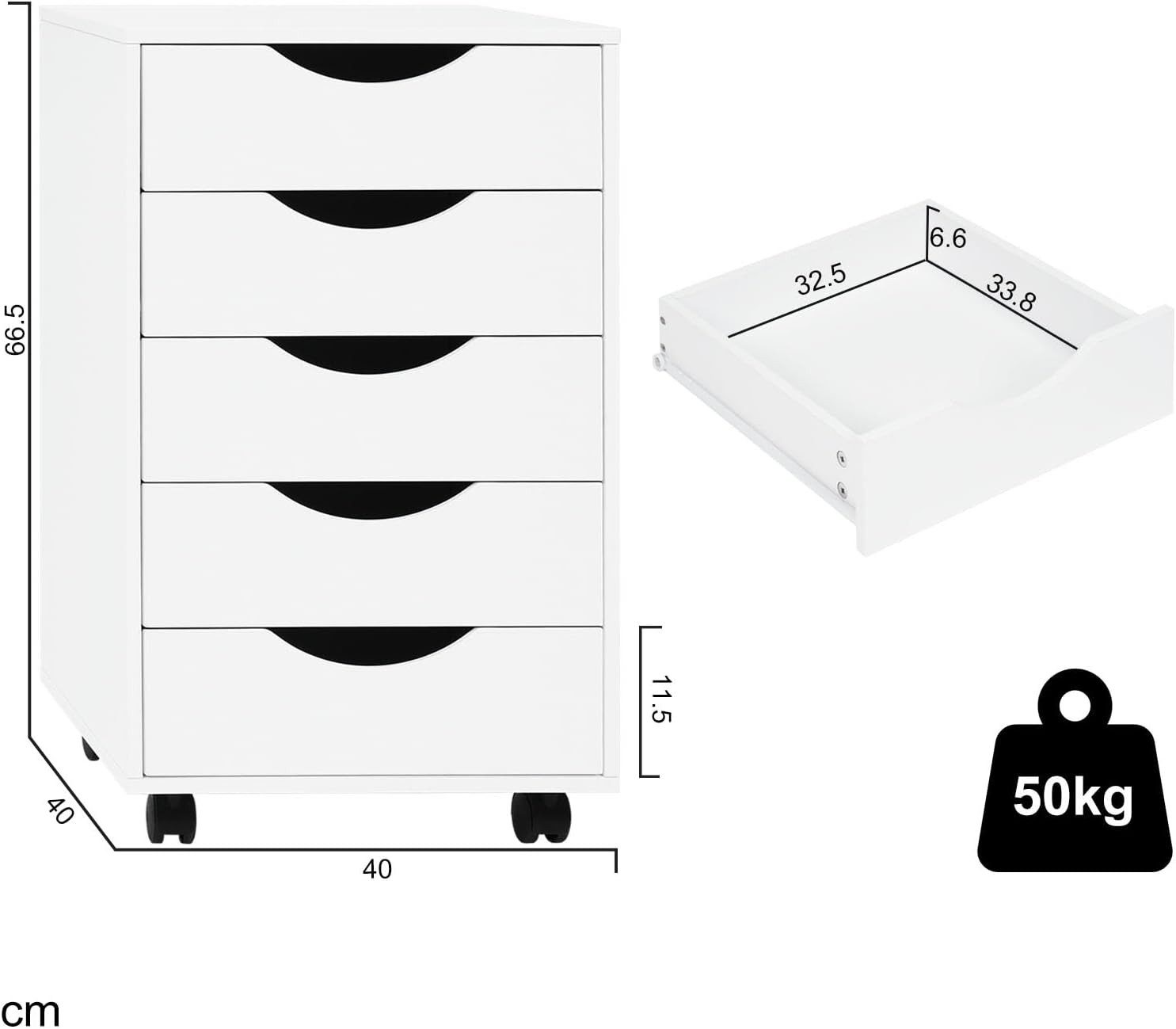 Woltu Rollcontainer, mobiler Aktenschrank mit 5 Schubladen, mit Rollen, 40x66,5x40 cm