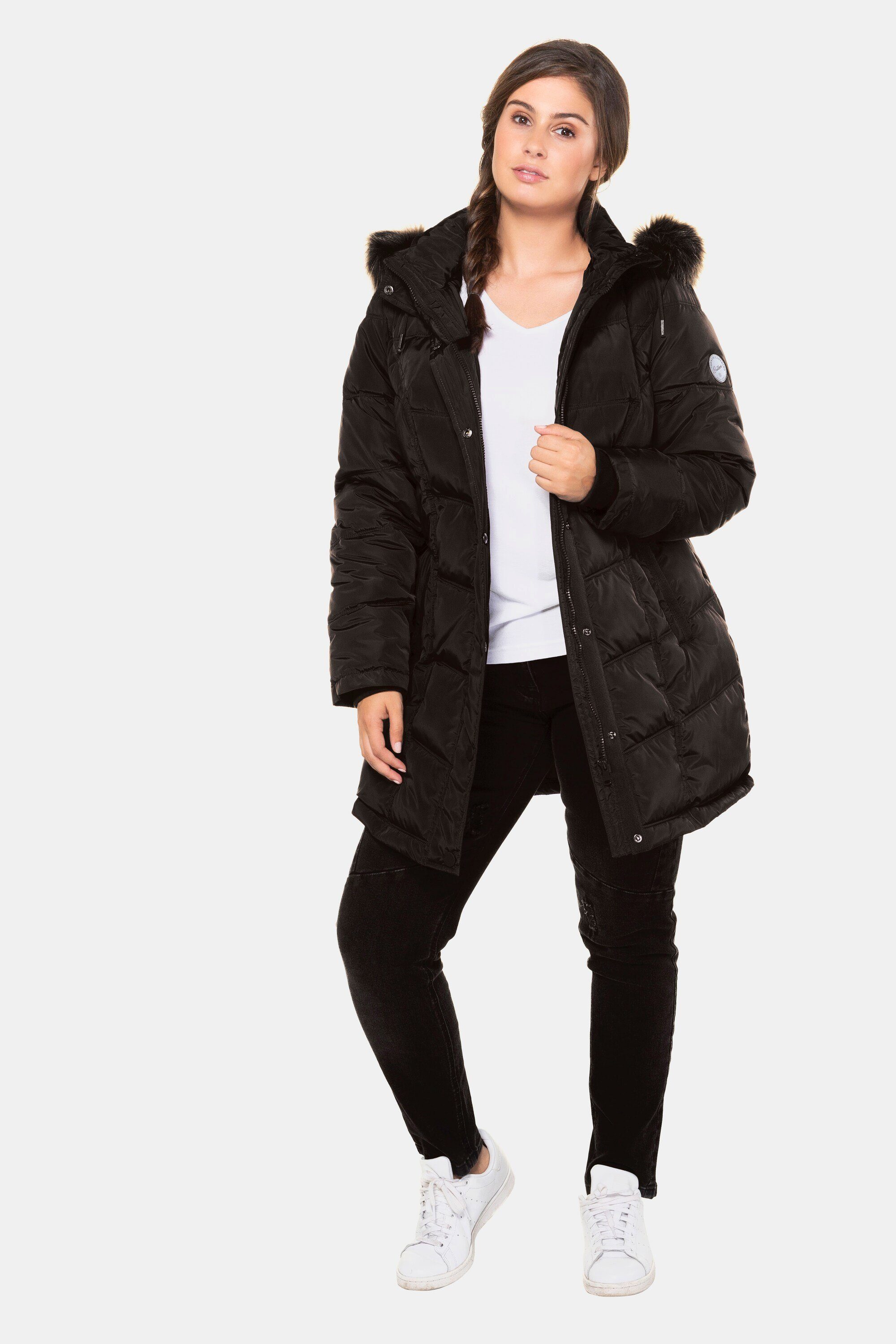 Ulla Popken Wolljacke Steppmantel Ripsbänder Kapuze + Fake-Fur abnehmbar