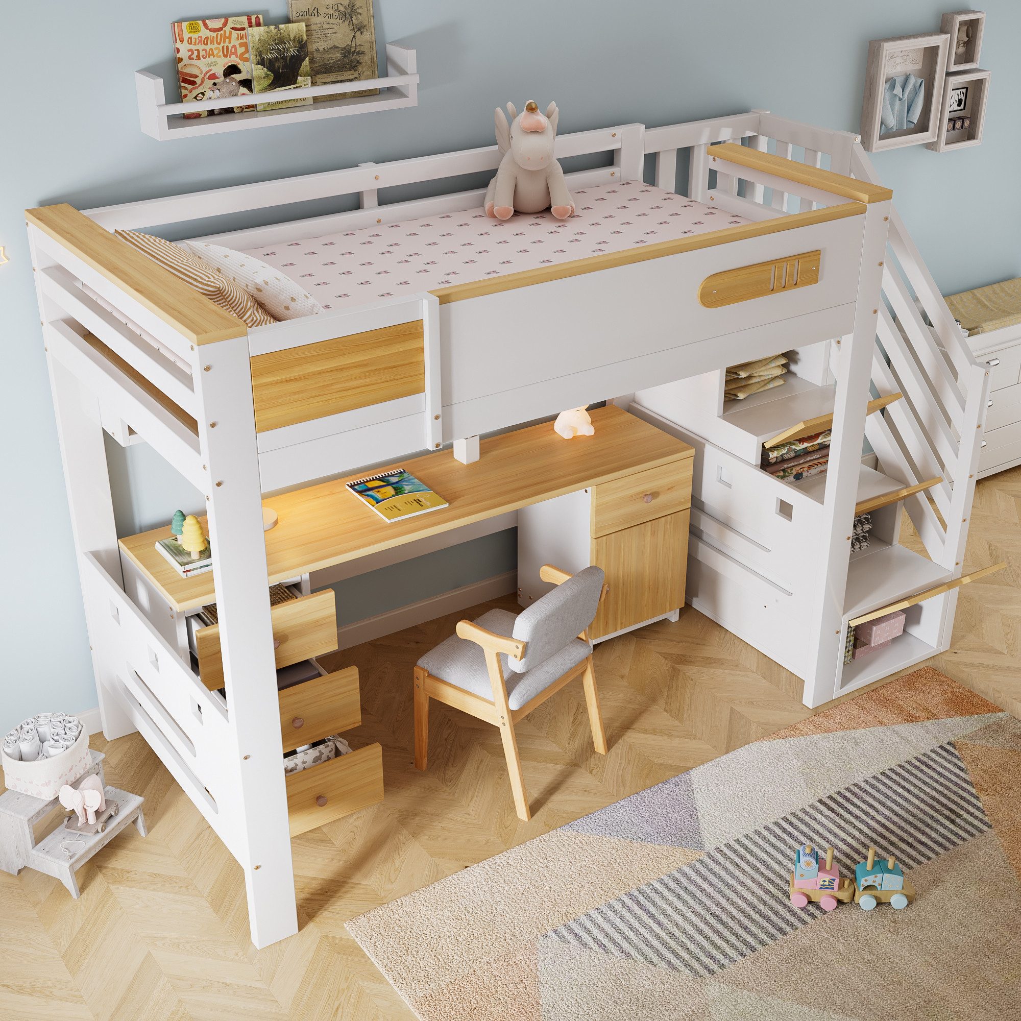 TavilaEcon Hochbett Holzbett mit Schreibtisch, Schubladen, Stauraumtreppe und Hängeregal (1-St) 90x200 cm, weiß+natur – Bild 3 von 5