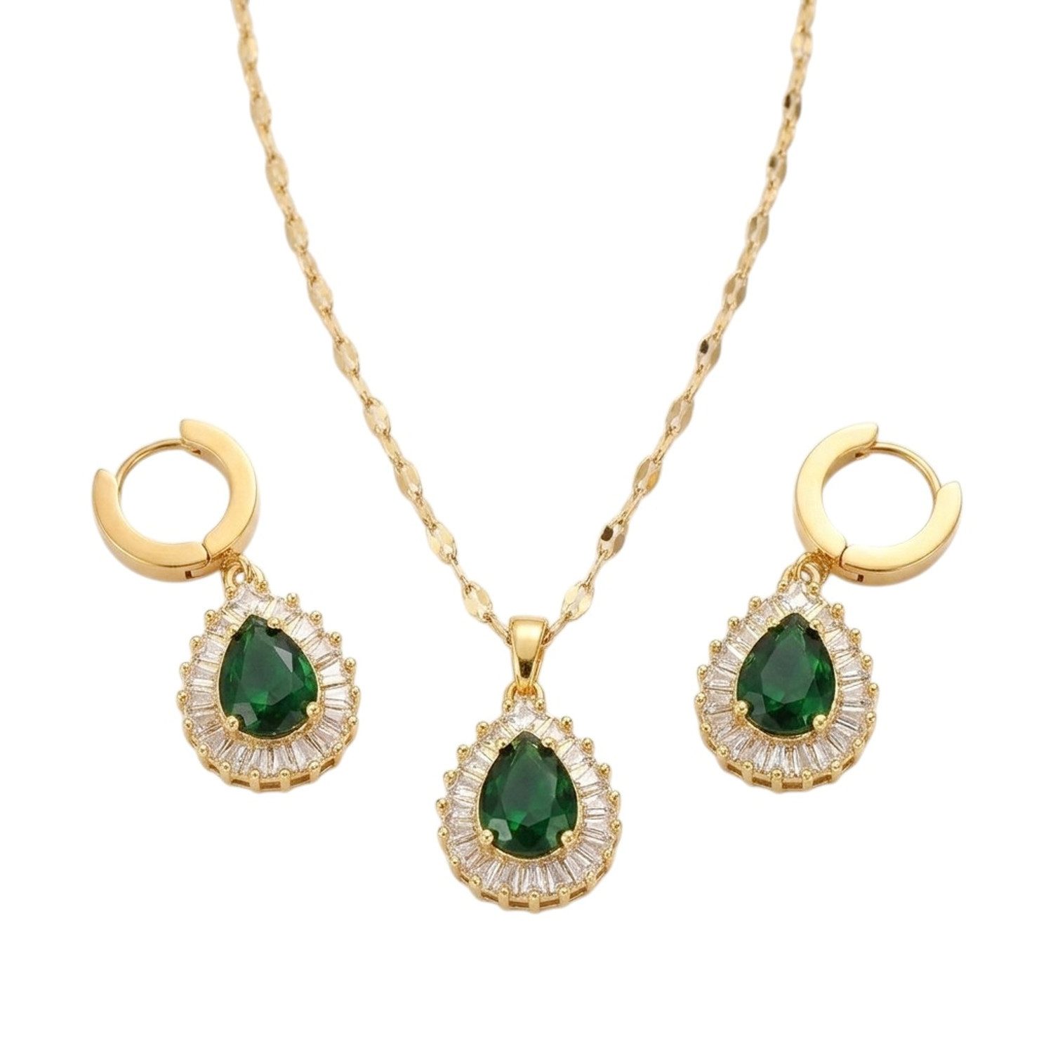 KARMA Schmuckset Damen Edelstahl Zirkone Gold Grün Ohrringe Halskette (Damenhalskette Ohrschmuck, 2-tlg., wasserfest hypoallergen rostfrei), verstellbar Geschenk für Sie