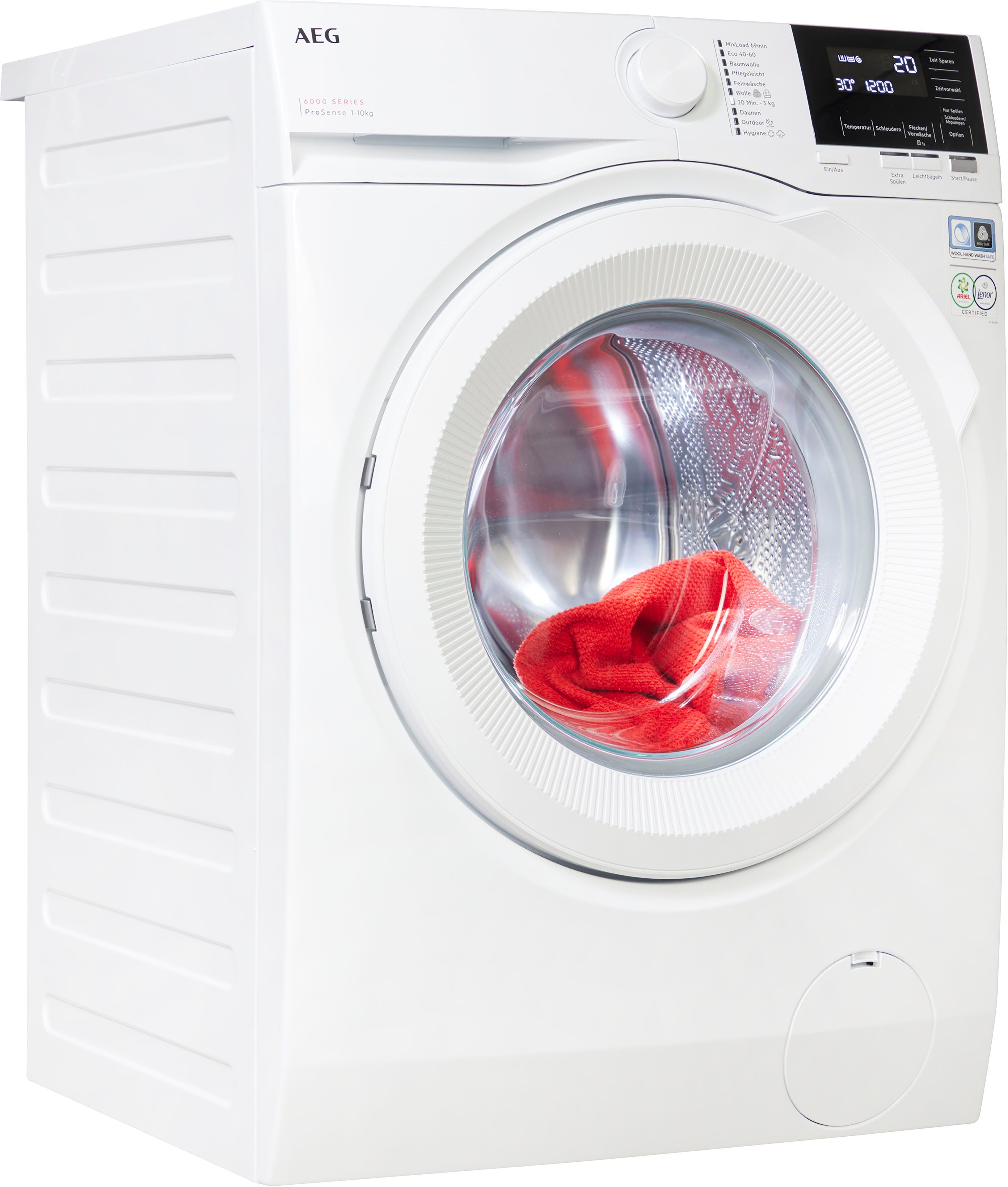 AEG Waschmaschine 40% und LR6F60400, 10 spart Mengenautomatik​ Wasser 6000 - kg, ProSense® Energie Zeit, bis U/min, 1400