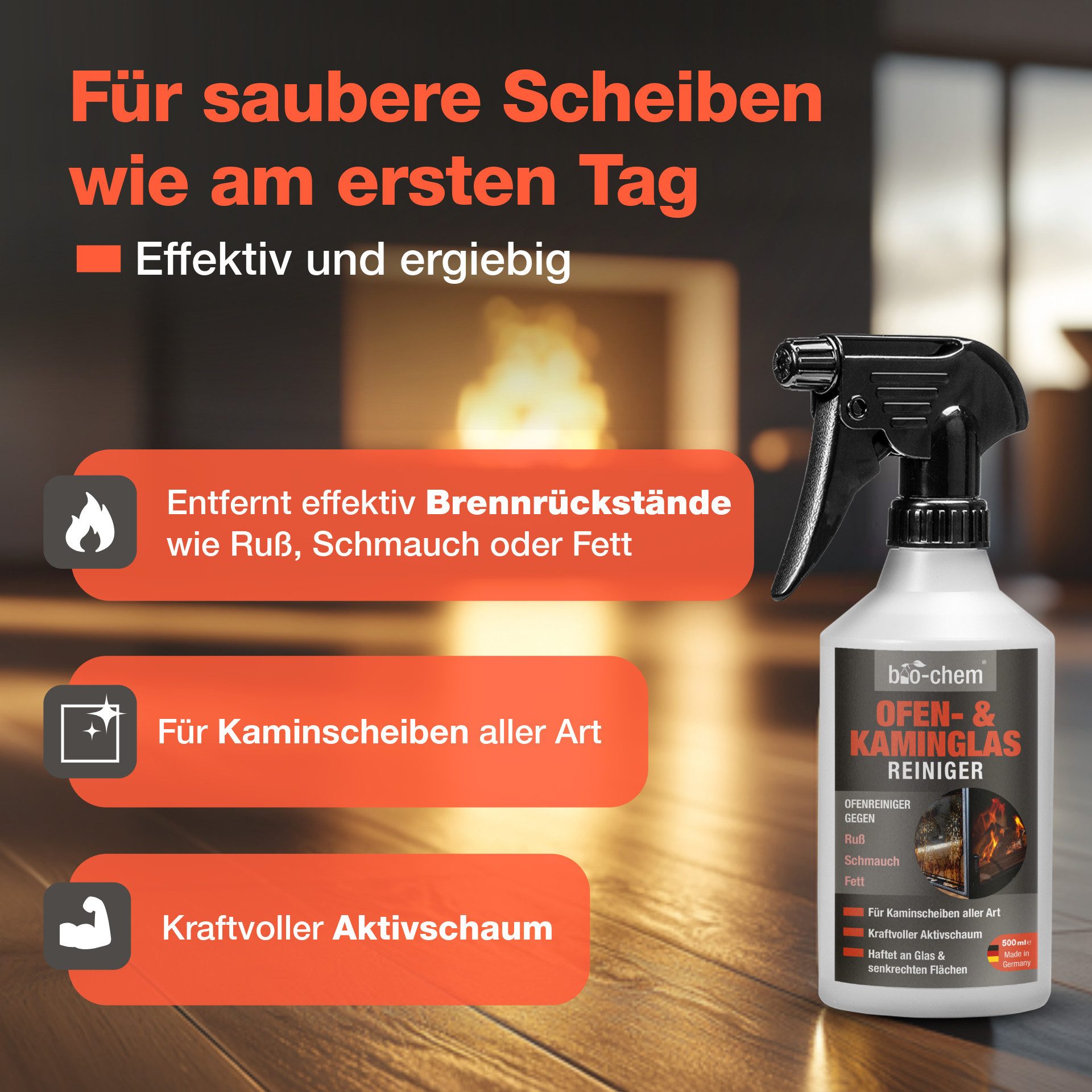 bio-chem Ofen- und Kaminglasreiniger Scheibenreiniger (Einzelprodukt, [- Ofen- und Kaminglasreiniger 0.5 l Handsprayflasche Haftender Aktivschaum für senkrechte Flächen)