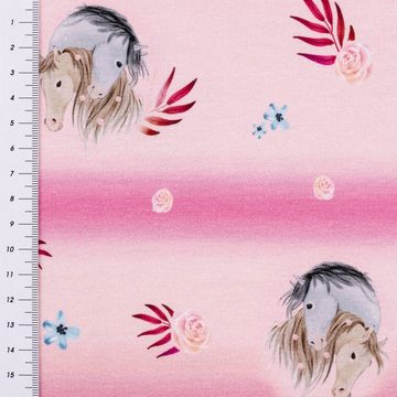 SCHÖNER LEBEN. Stoff Baumwolljersey Jersey Digitaldruck Pferde Blumen rosa 1,50m, allergikergeeignet