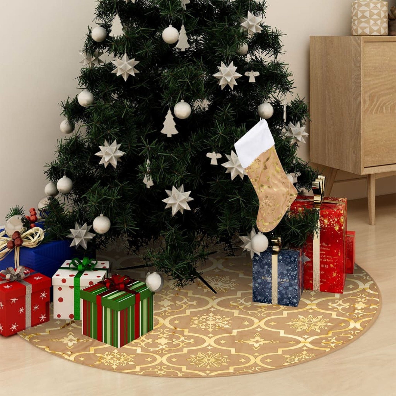 vidaXL Weihnachtsbaumdecke Luxus-Weihnachtsbaumdecke mit Socke Gelb 90 cm Stoff