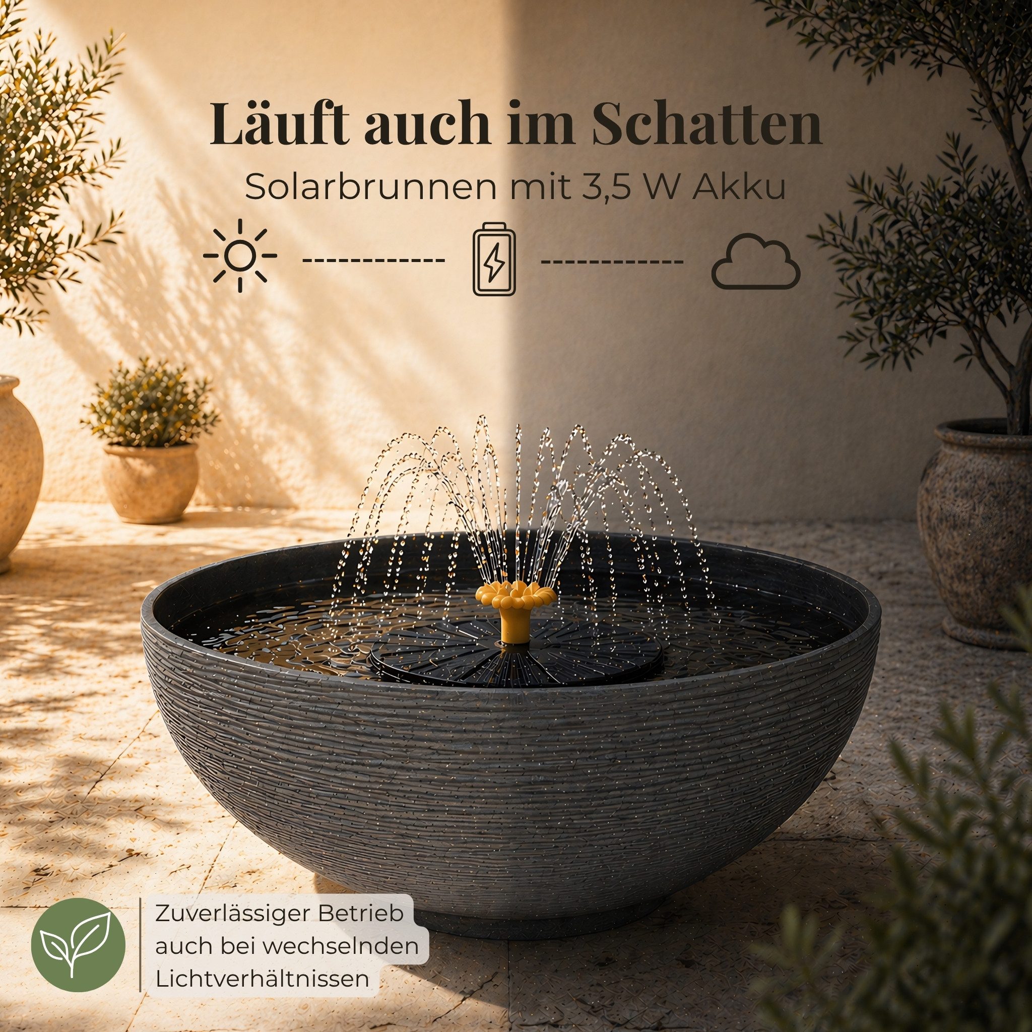 matches21 HOME & HOBBY Wasserspiel Solar Springbrunnen für draußen, Wasserfontäne als Gartendeko, (7 tlg), Solarbrunnen mit Saugnapf, Abstandshalter & 5 Aufsätze