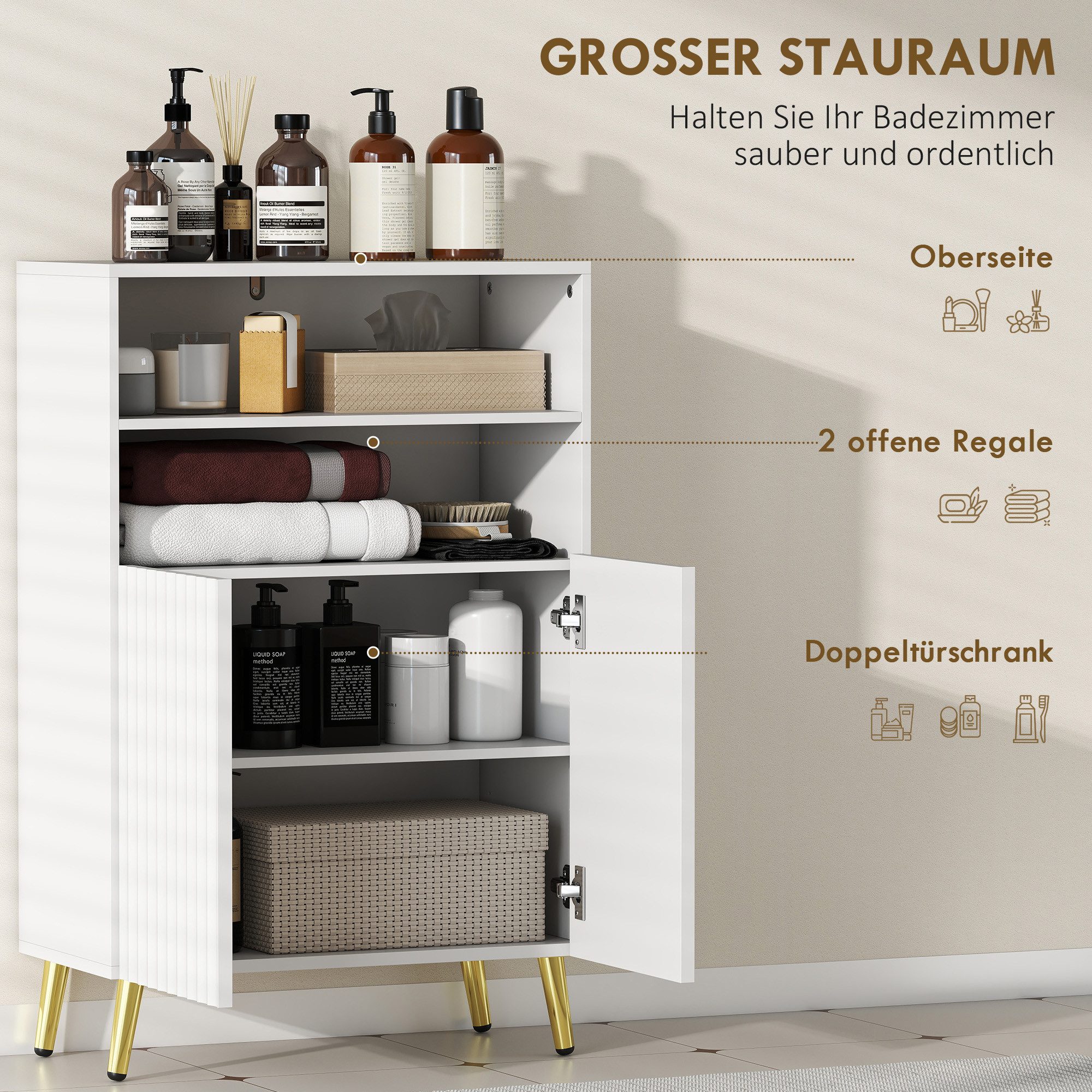 HOMCOM Badkommode Badezimmerschrank mit 2 Soft-Close-Türen, Verstellbaren Ablagen (Badschrank, 1 St., Aufbewahrungsschrank), für Badezimmer, Wohnzimmer, Weiß – Bild 5 von 5