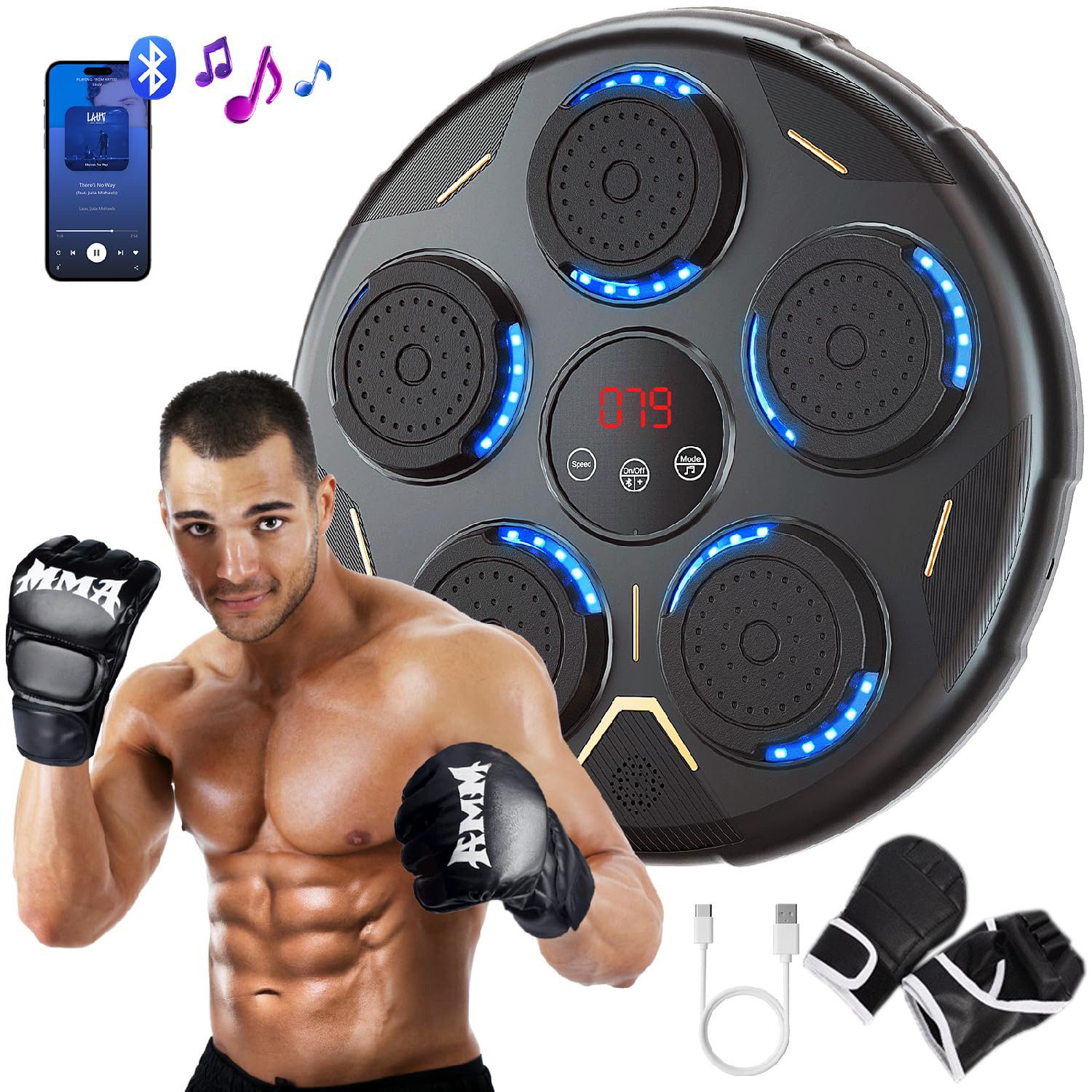 MOPUEA Boxstation Wandmontierte LED Boxmaschine Wand Boxtrainingsgerät Musik-Boxmaschine (mit Bluetooth, Musik & Licht, 1-tlg), Intelligentes Box-Trainingsgerät für die Familie, inkl. Handschuhe