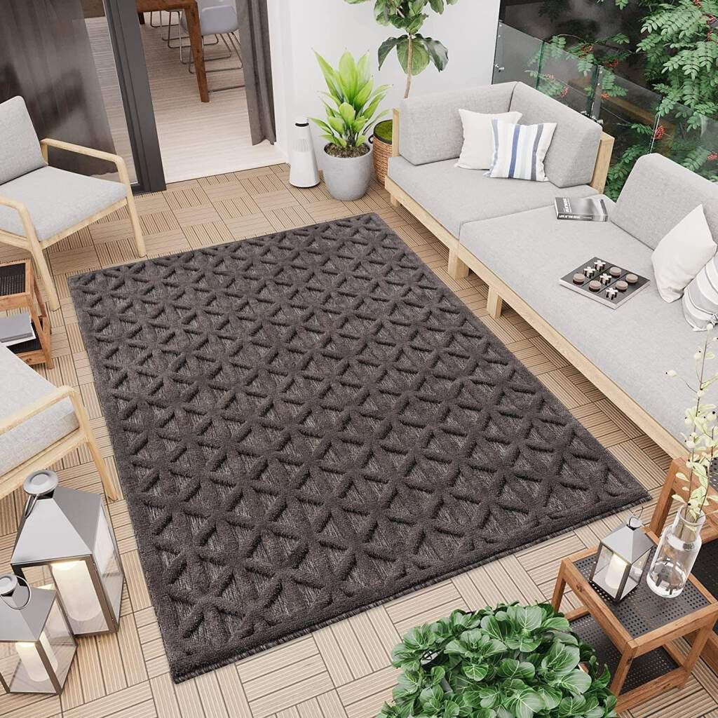 Teppich In-& Outdoorteppich Santorini 58500, 3D-Effekt, Raute-Optik, Carpet City, rechteckig, Höhe: 5 mm, Wetterfest & UV-beständig für Terrasse, Balkon, Küche, Flur anthrazit