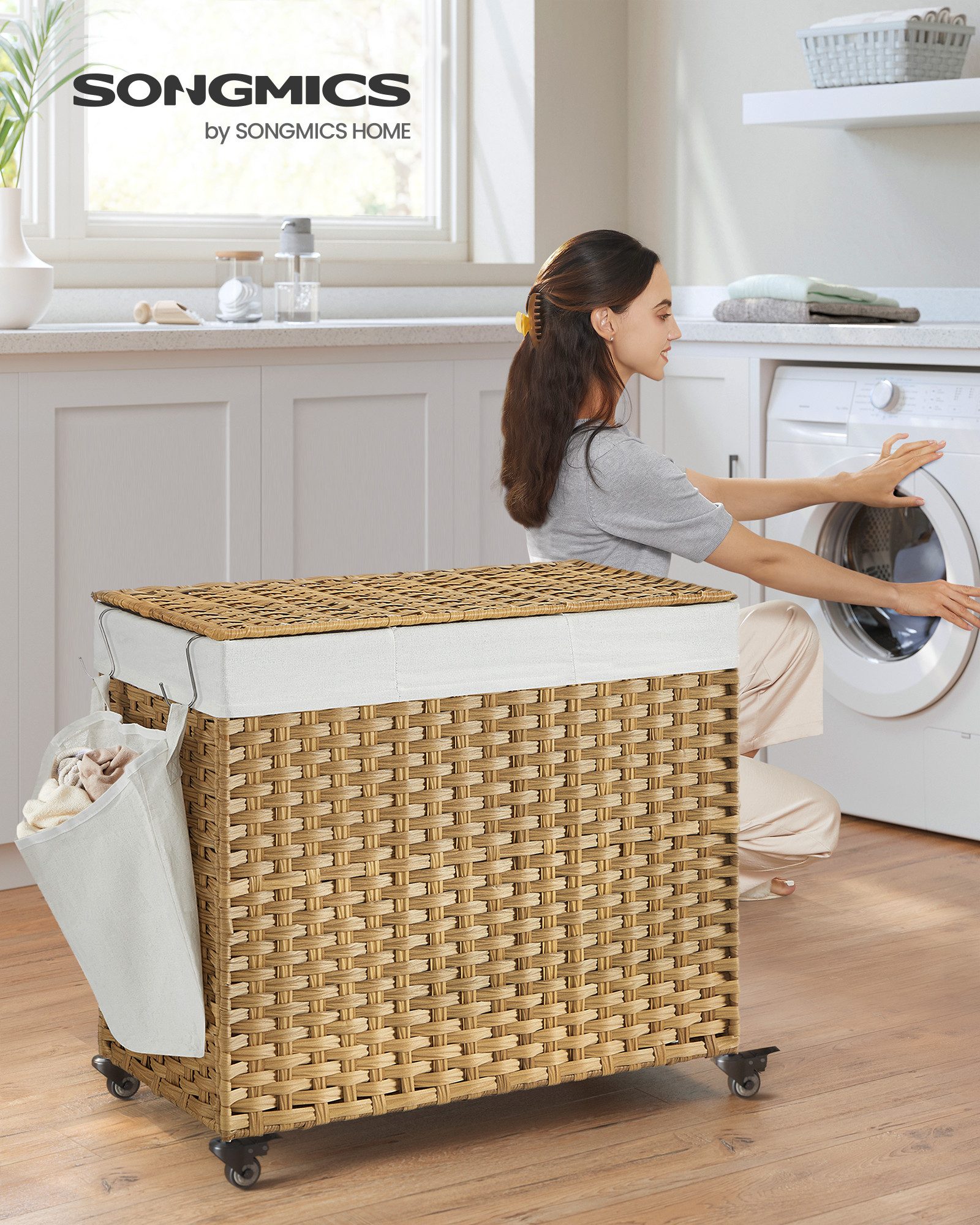 SONGMICS Wäschekorb, 160 L, mit Deckel, 3 Fächer, Wäschesack herausnehmbar günstig online kaufen