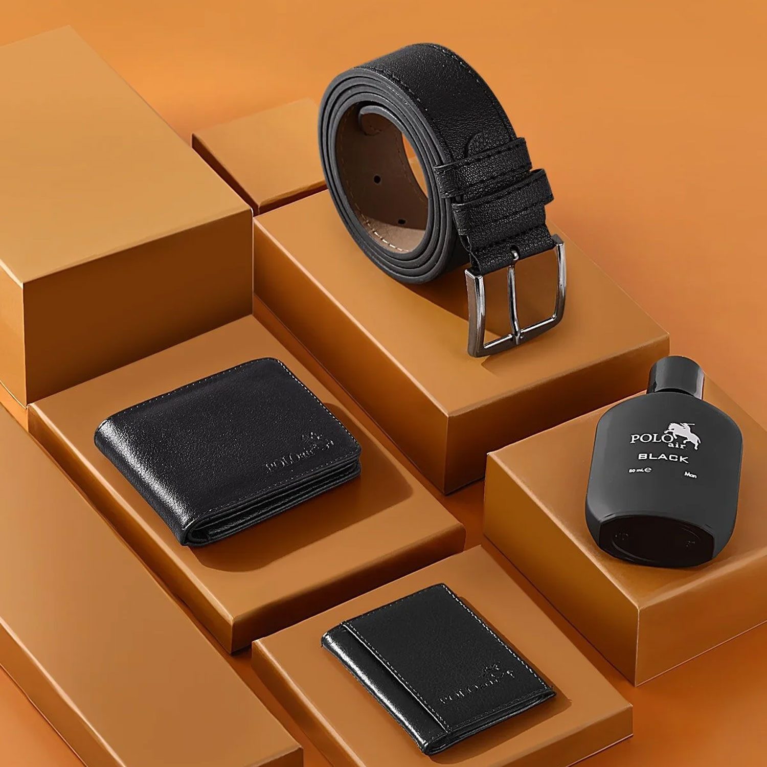 Jungengel Herrendiener Luxus Leder Geschenk Set 5-Teilig Gürtel, Parfüm, Geldbörse Herren, (Set, 4 St., All in One), Luxuriöses 4-teiliges Herren-Set, Ideales Geschenk für Männer