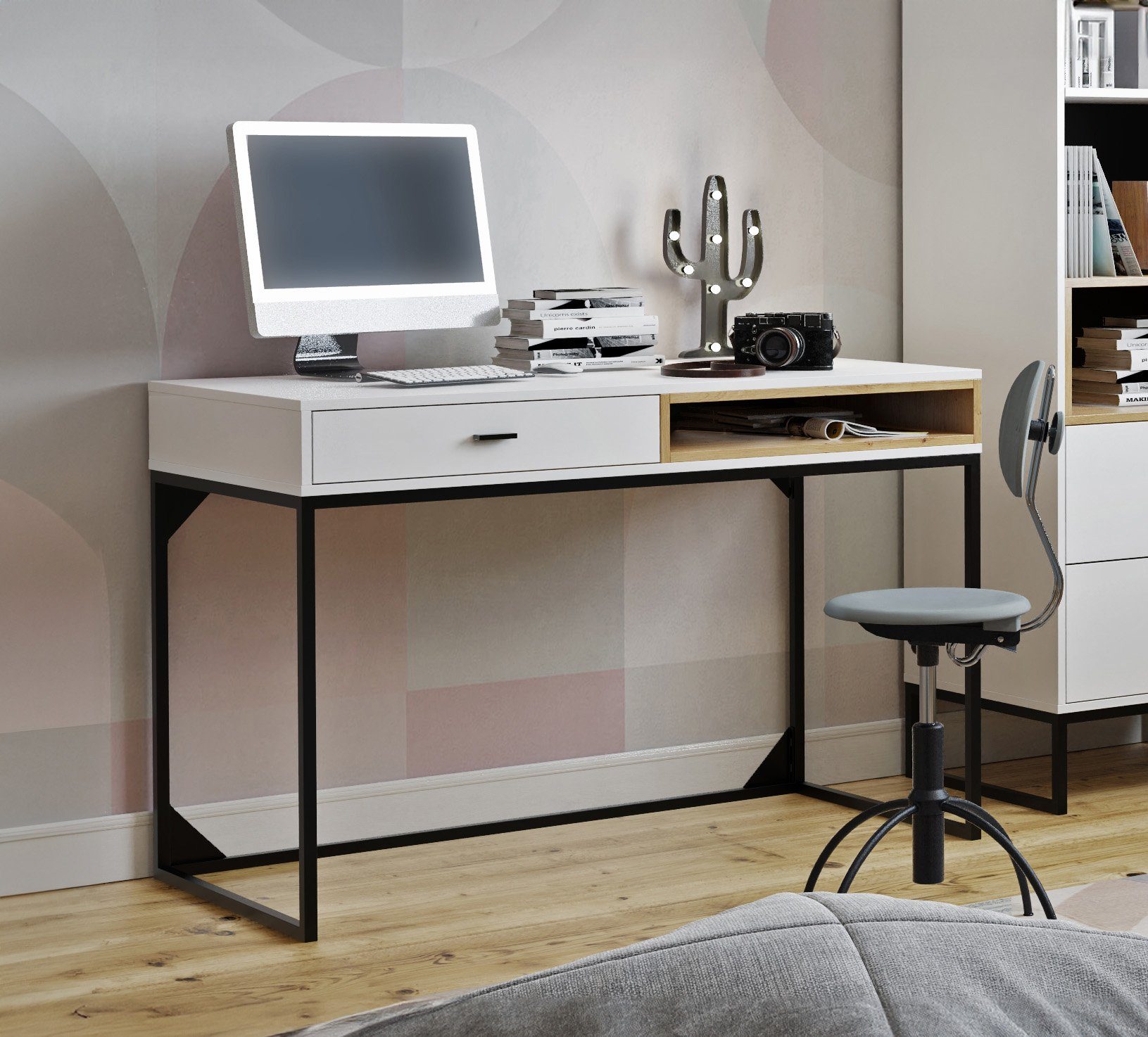 Furnix Schreibtisch RELIO PC-Tisch Arbeitsplatz H80,5 Ablage, B120 T60 Schublade, mit cm Scandi-Design, Weiß/Artisan x x