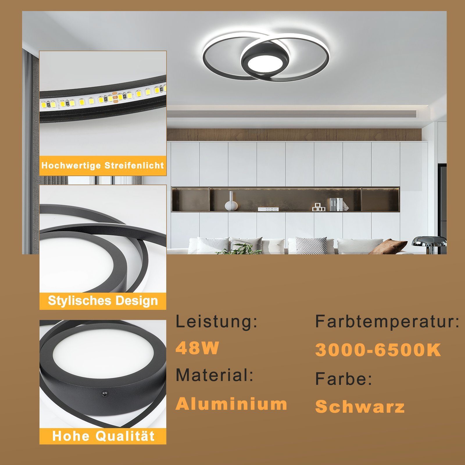 Nettlife LED Deckenleuchte Wohnzimmer Schwarz/Weiß Metall mit Dimmbar 48 W Licht/natürliches warmes Licht/kaltes Licht, Fernbedienung