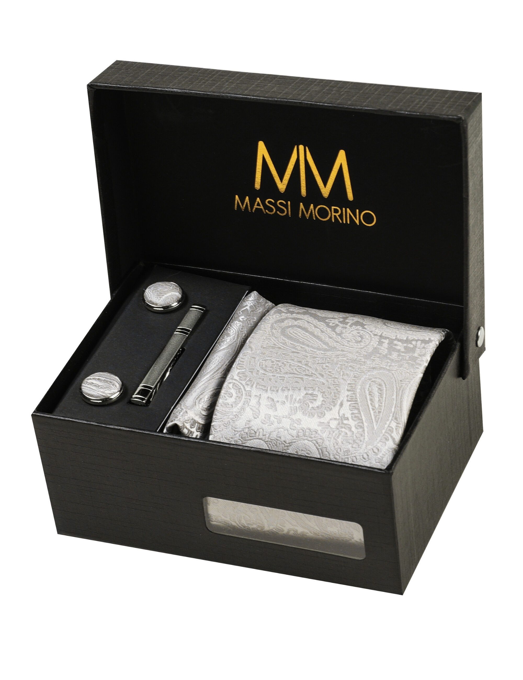 Massi Morino Krawatte (1-St) mit Einstecktuch, Manschettenknöpfen und Krawattenklammer
