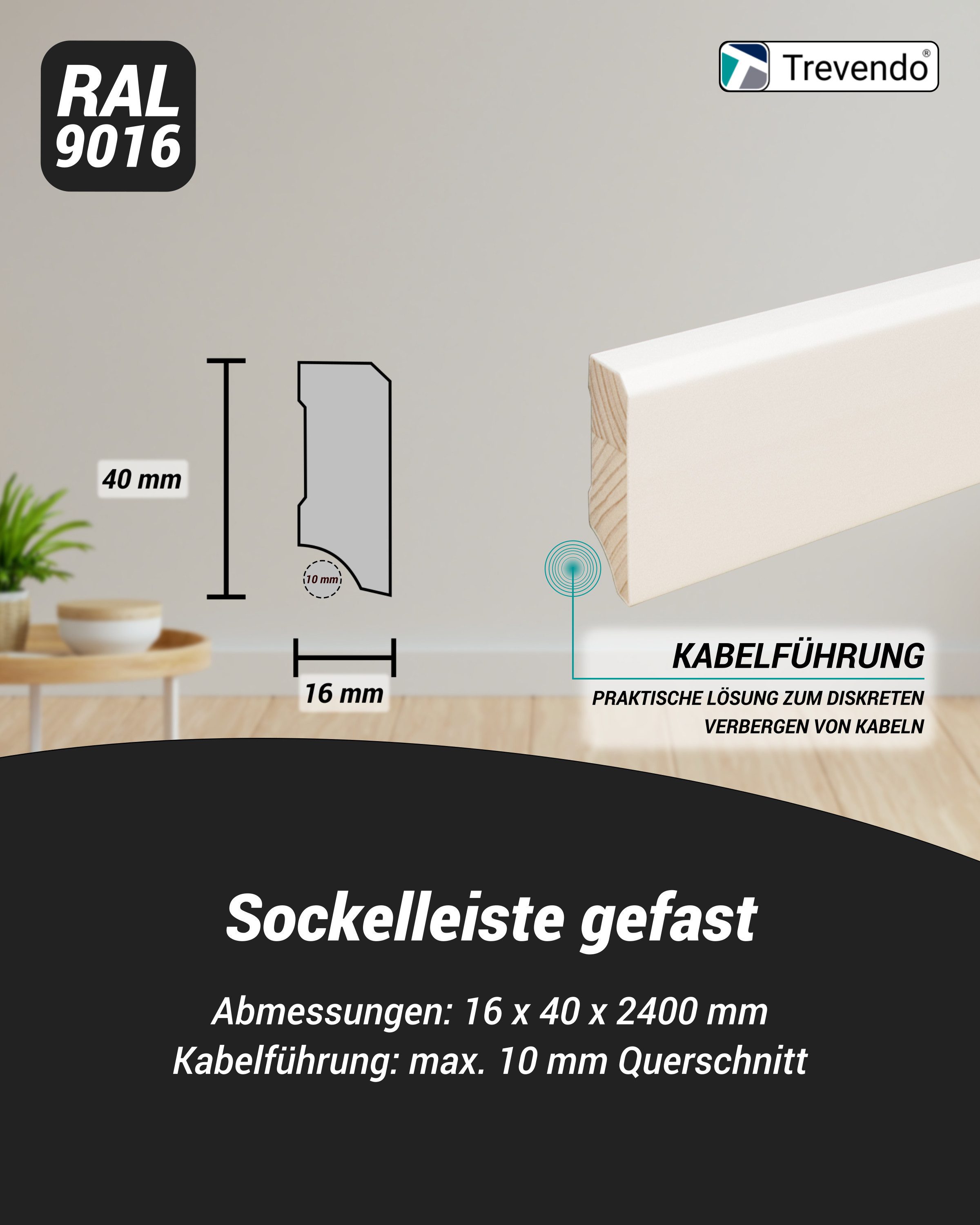 Trevendo Sockelleiste 24 m Sockelleiste massiv gefast weiß lackiert 16 x 40 x 2400 mm, L: 24 cm