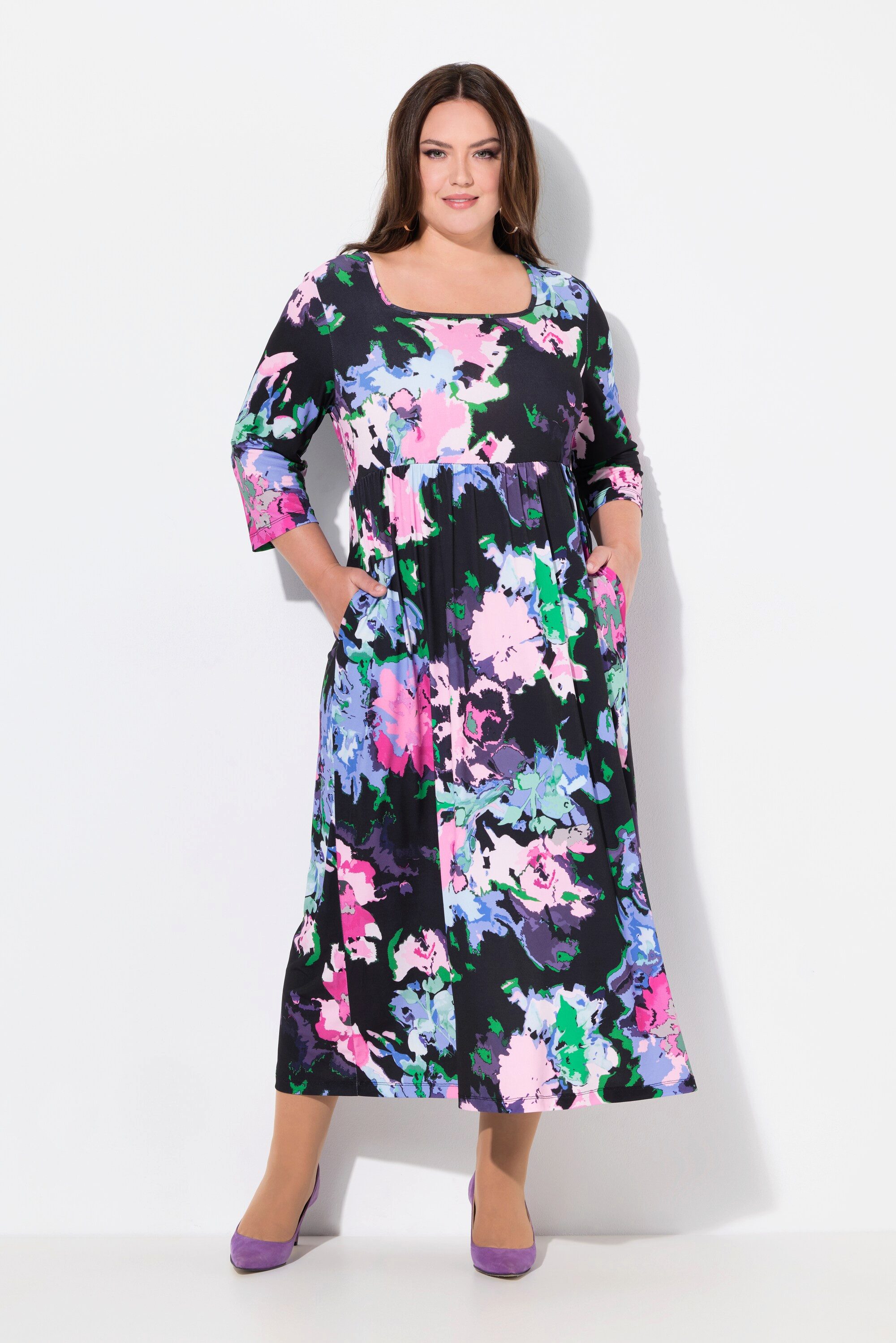 Ulla Popken Maxikleid Jerseykleid A-Linie Carree-Ausschnitt günstig online kaufen