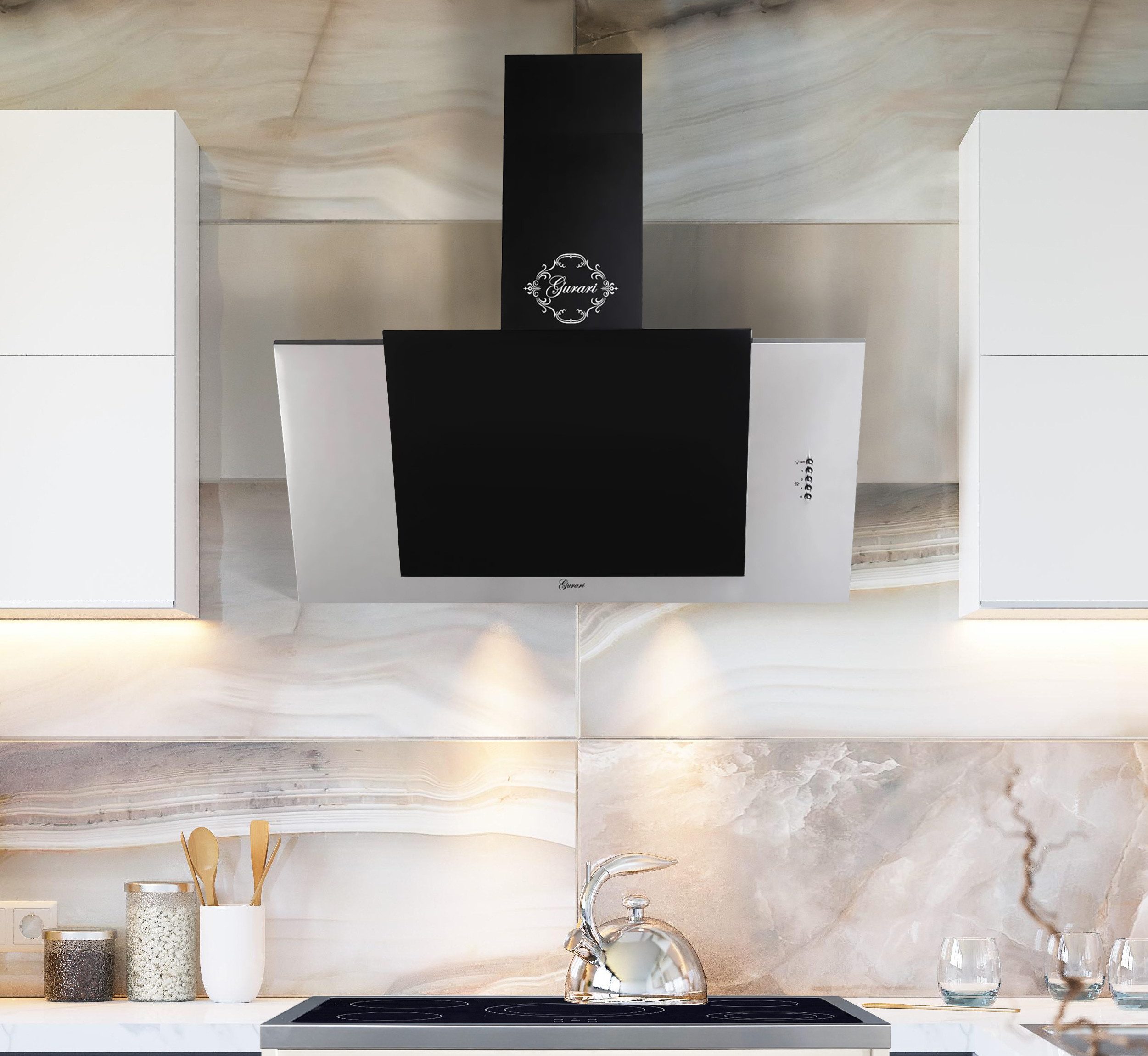 GURARI Kopffreihaube GCH S 482 90 IS///// GCH S 482 90 IS, Dunstabzugshaube 90cm 1000 m³/h Edelstahl Schwarzglas