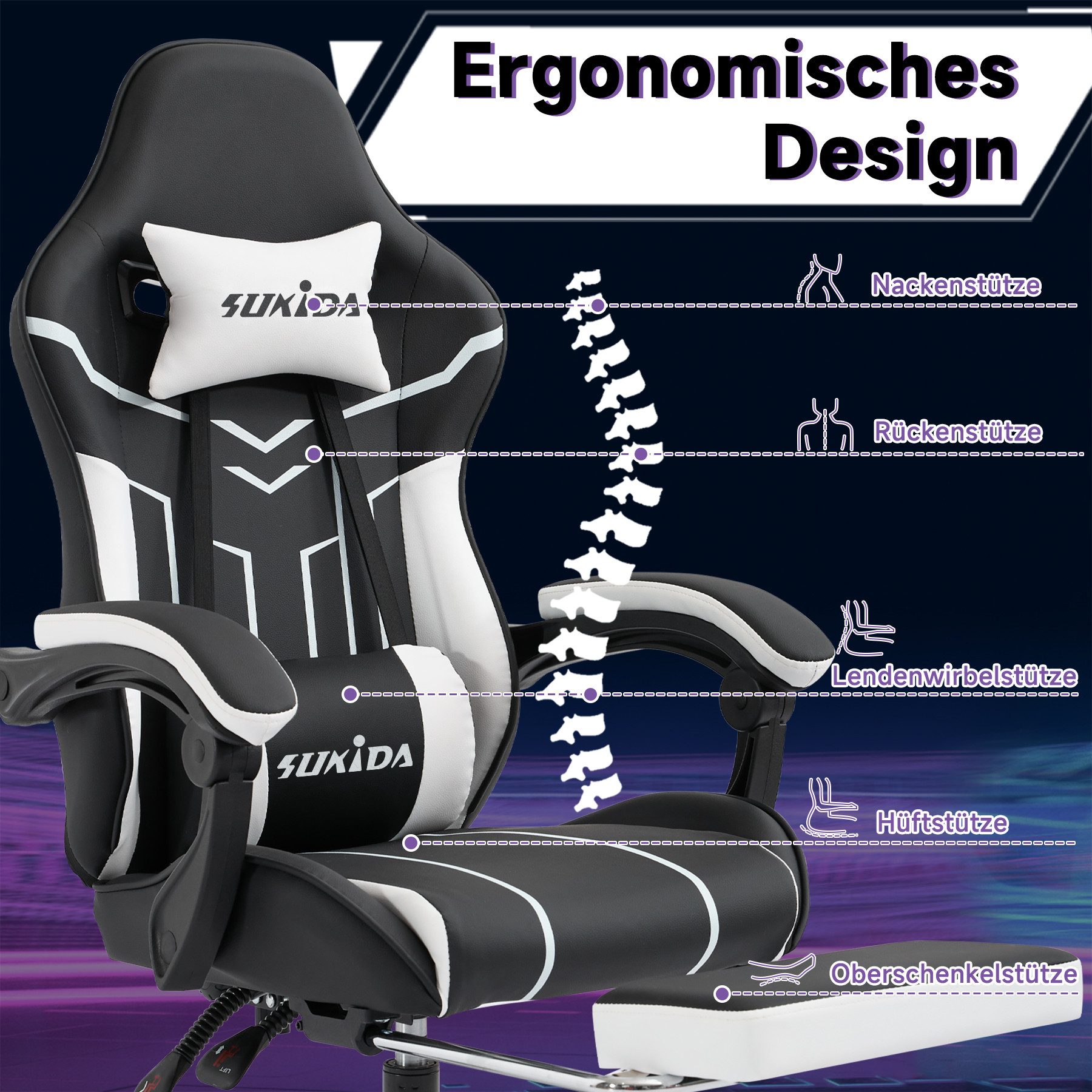 Odikalo Gaming-Stuhl Computerstuhl Bürostuhl Ergonomisch Polsterstuhl Fußstütze Mehrfarbig