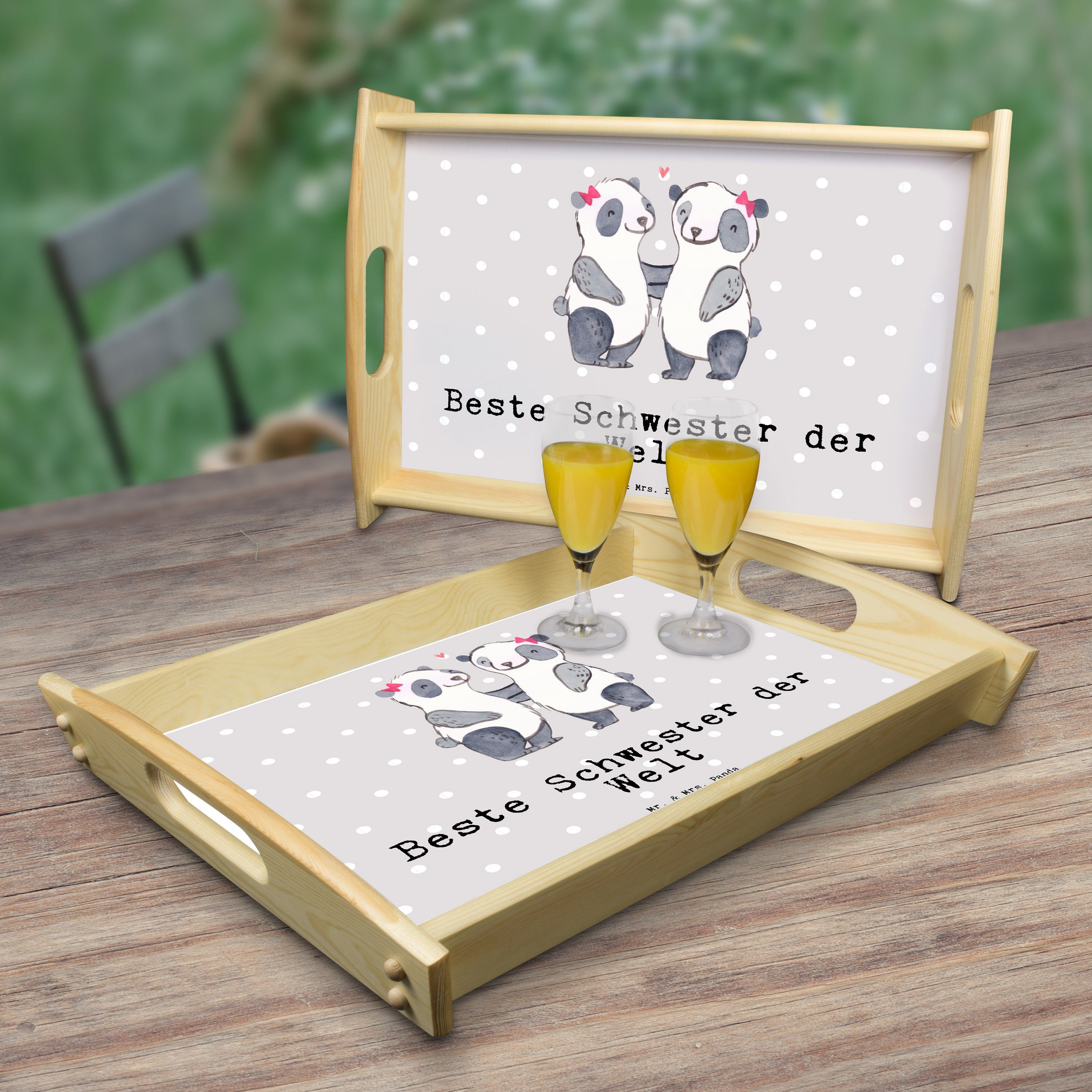 Panda Grau Welt Echtholz Mrs. - & Geschenk, (1-tlg) Beste Sister, Tablett Mr. lasiert, Schwester der Pastell Hol, Panda -