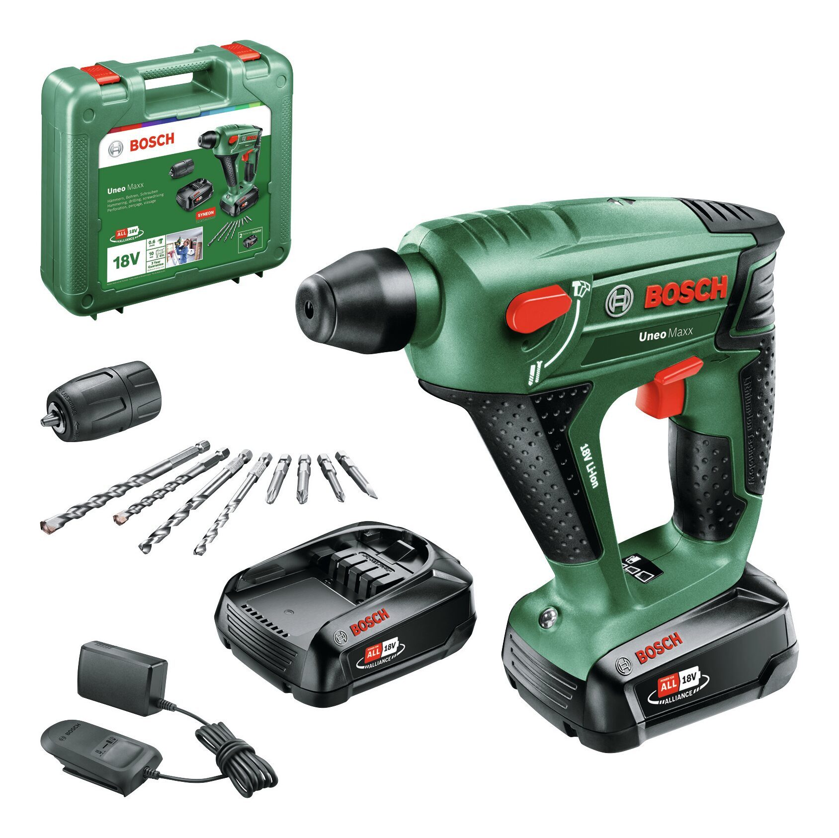 BOSCH Akku-Bohrhammer Uneo, 18 V, max. 900 U/min, Maxx mit 2x Akku 2 Ah - im Koffer