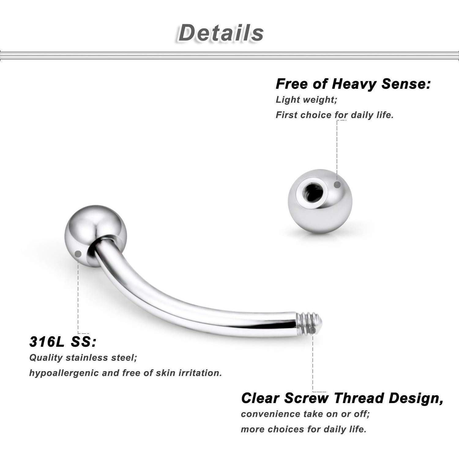 MODRSA Piercing-Set Chirurgenstahl Curved Barbell Piercing Set 16G 6mm 8mm 10mm