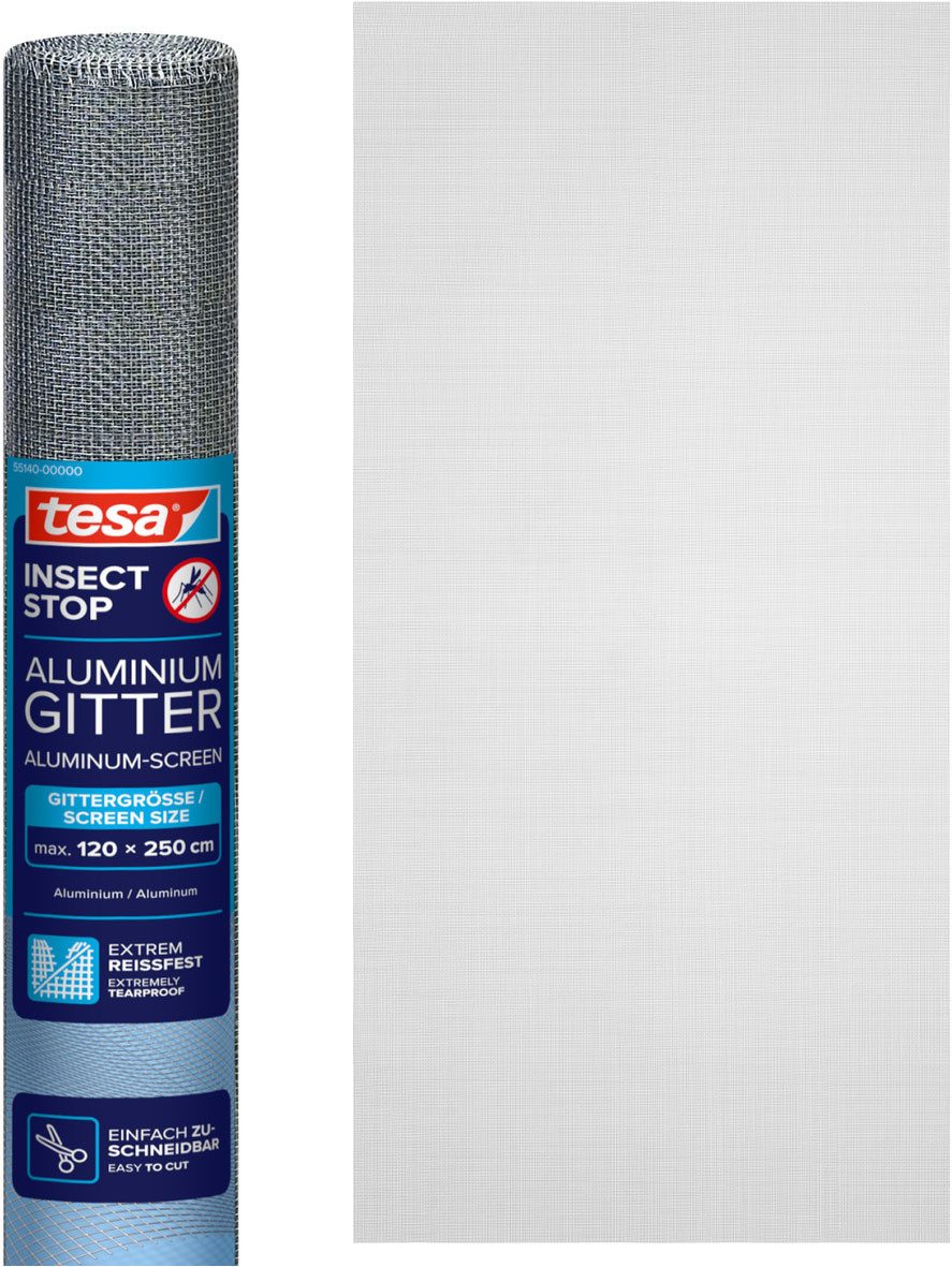 tesa Fliegengitter-Gewebe Nachfüllrolle Aluminium - Alu-Gitter Ersatzrolle für Fliegengitter, (Packung, 1-St., Nachfüllrolle), INSECT STOP Ersatz-Rolle 120 cm x 250 cm