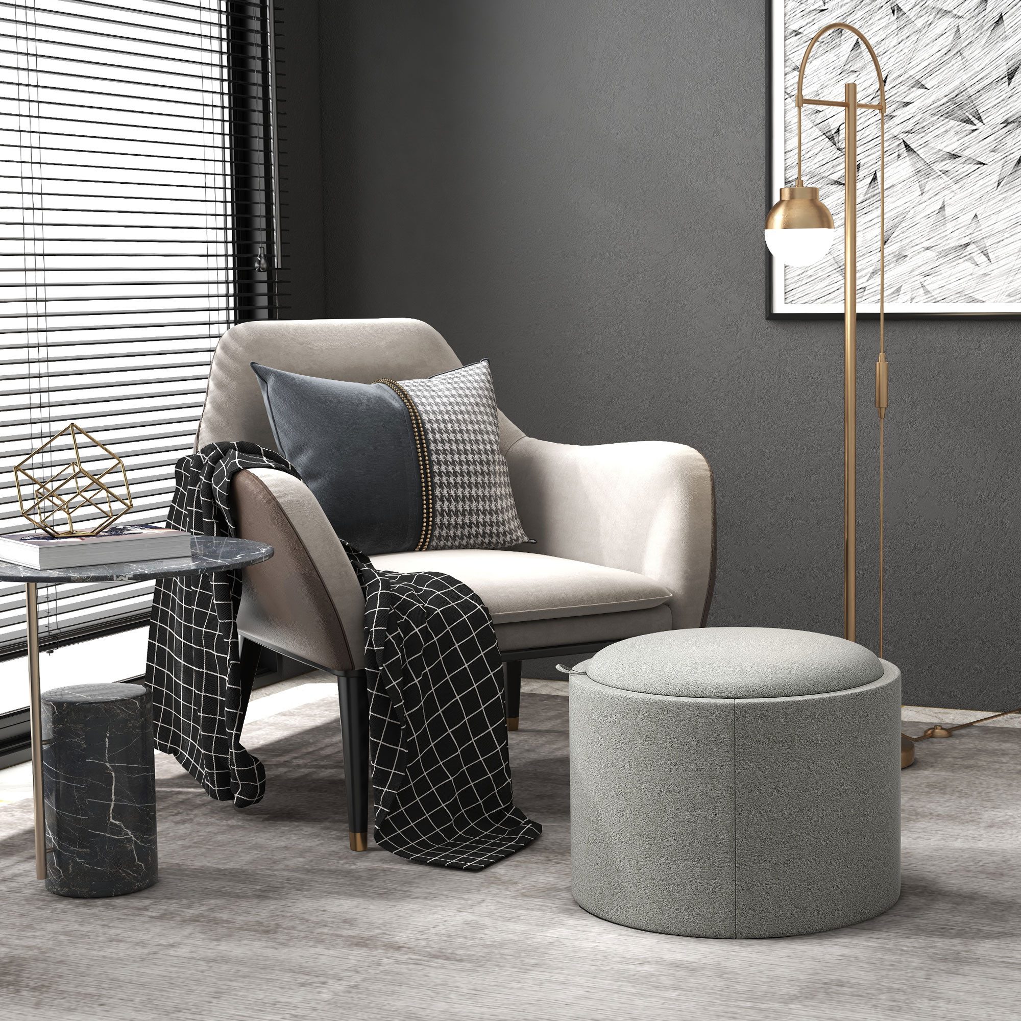 HOMCOM Sitzhocker Runder Hocker Couchtisch mit Klappdeckel (56 x 42 x 42 cm Runder Fußhocker mit Leinenoptik, 1 St., Polsterhocker mit Stauraum), für Wohnzimmer, Schlafzimmer, Grau