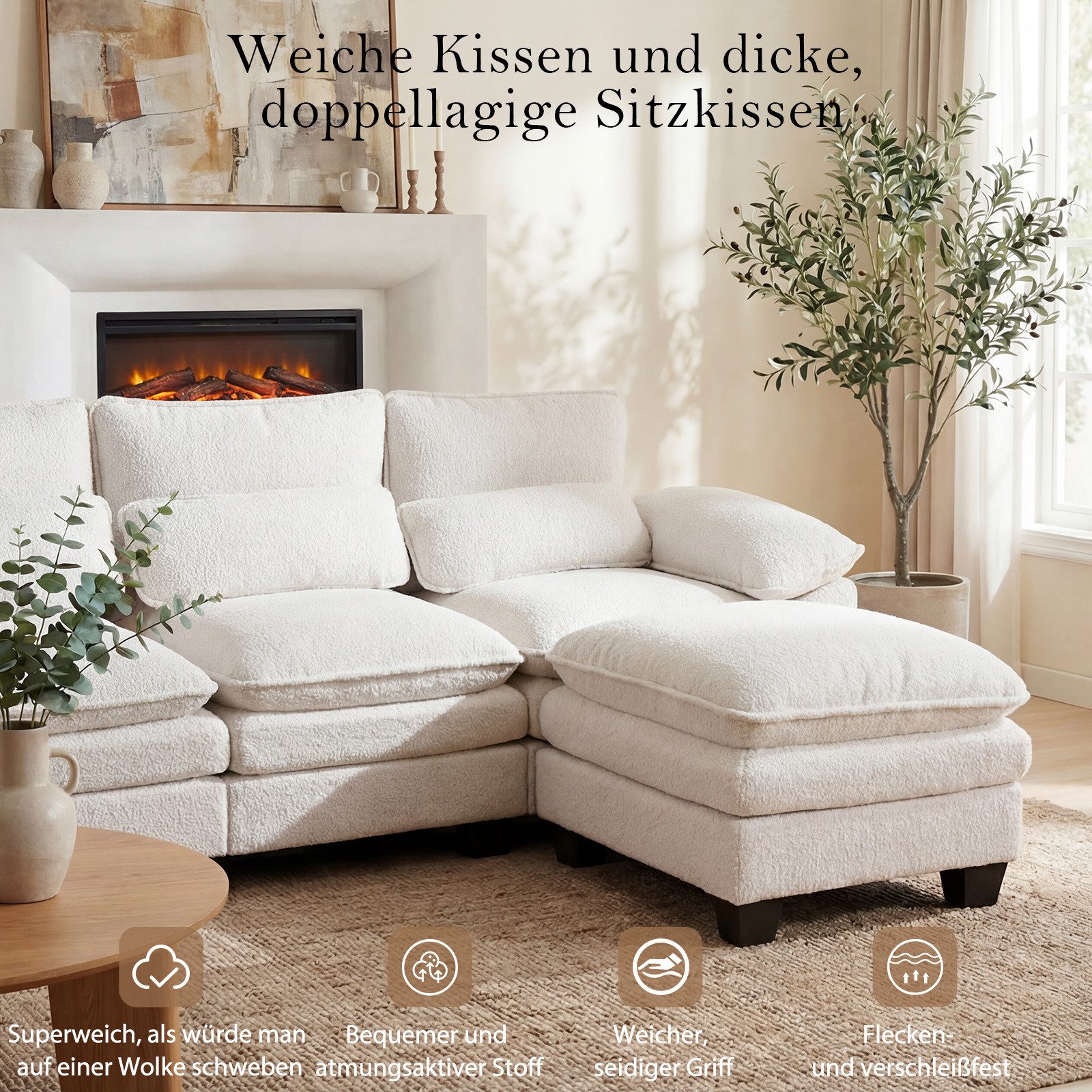 Patbrela Ecksofa modulares Sofa,15 cm dickes Sitzkissen,Breite 226/283cm, Schlafsofa,Angenehmer Teddy-Stoff,Einfache Montage