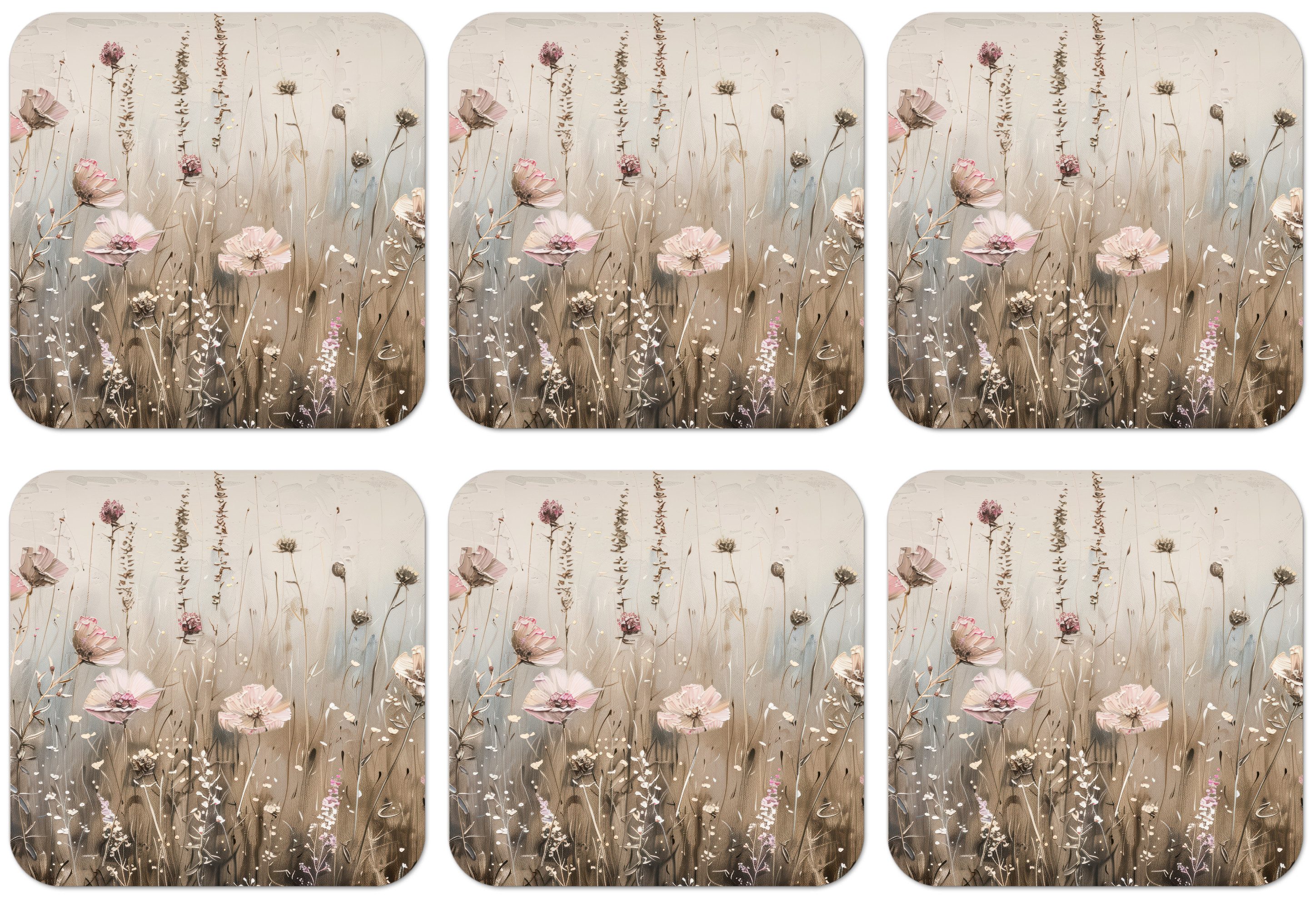 MuchoWow Glasuntersetzer Blumen - Rosa - Modern - Beige, Zubehör für Gläser, 6-tlg., Tassenuntersetzer Kork, Quadrat, Untersetzer Set Gläser, 10x10 cm