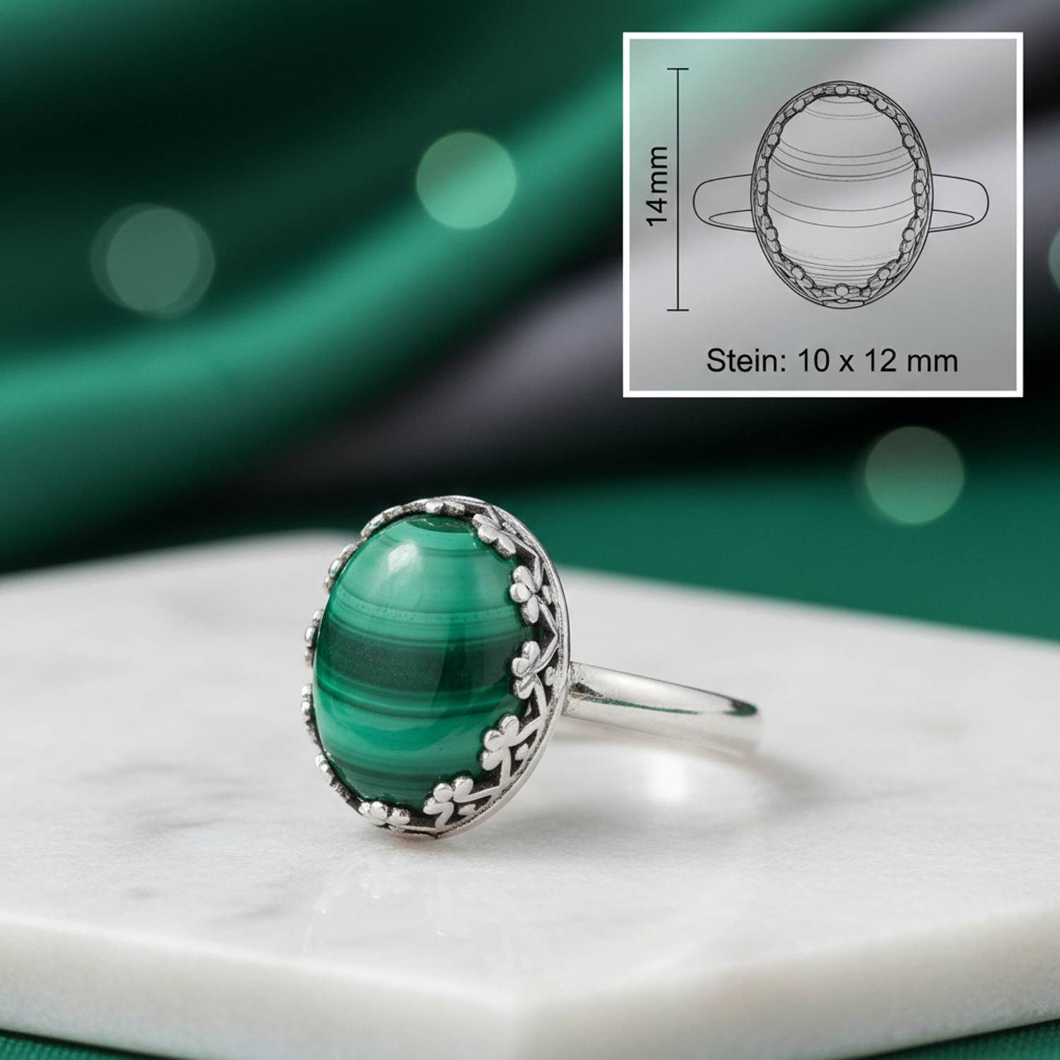 mantraroma Silberring NAPULO aus 925 Silber mit Malachit (Ring mit Schmuckbeutel), Damenring aus 925er Silber