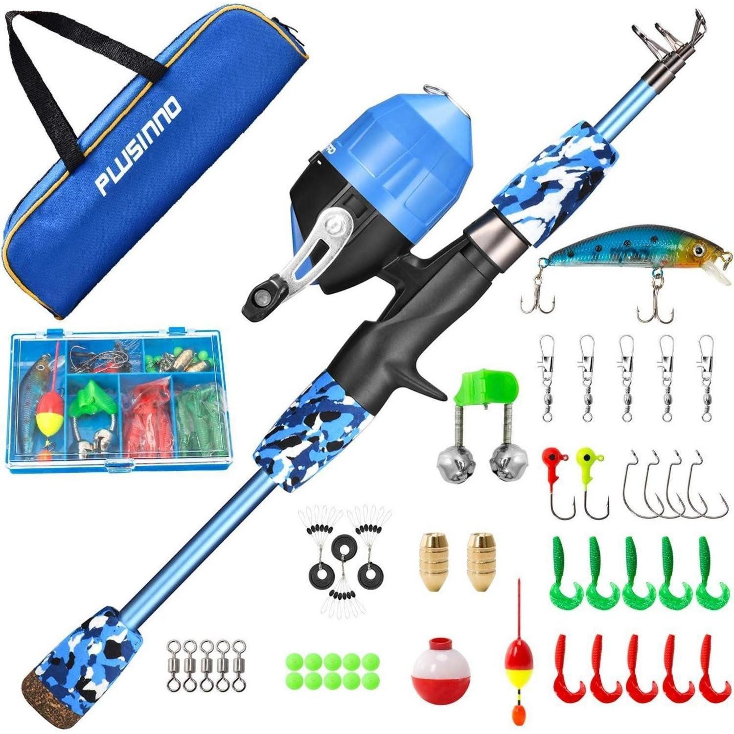 Spinnrute Kinder Angelset Angelrute Angelrolle Köder Set Blau 1.5M