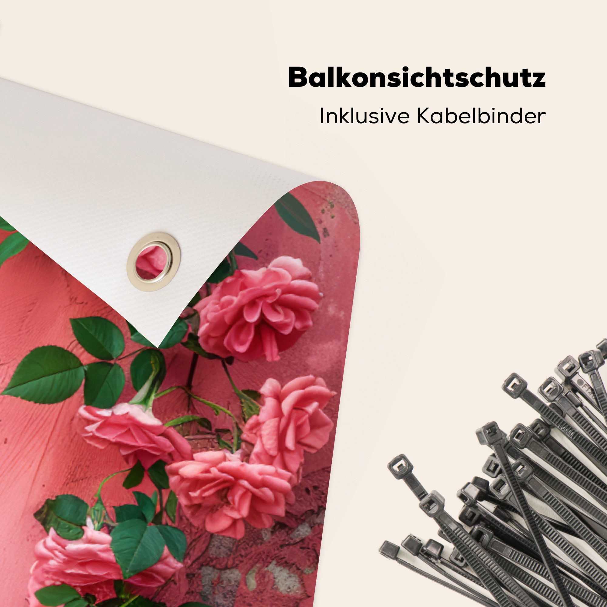 MuchoWow Balkonsichtschutz Rosa - Blumen - Rosen - Blätter (1-St) Balkon Sichtschutz 90x200, Windschutz für Zaun PVC, 200x90 cm – Bild 5 von 5