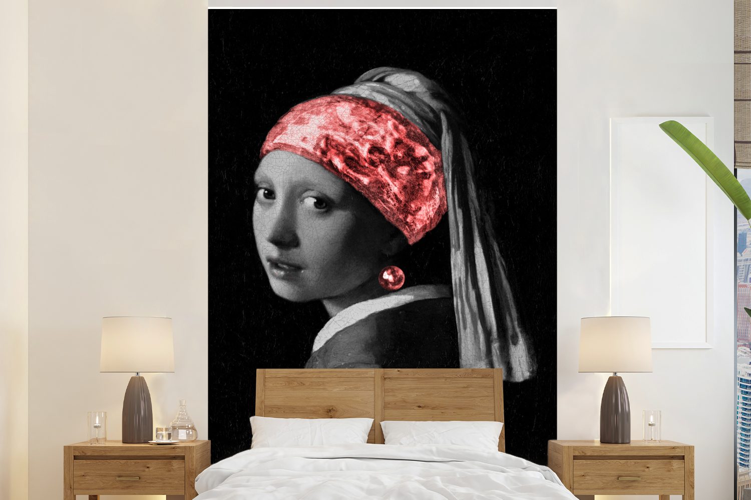 MuchoWow Fototapete Das Mädchen mit dem Perlenohrring - Johannes Vermeer - Rot, Matt, bedruckt, (3 St), Montagefertig Vinyl Tapete für Wohnzimmer, Wandtapete