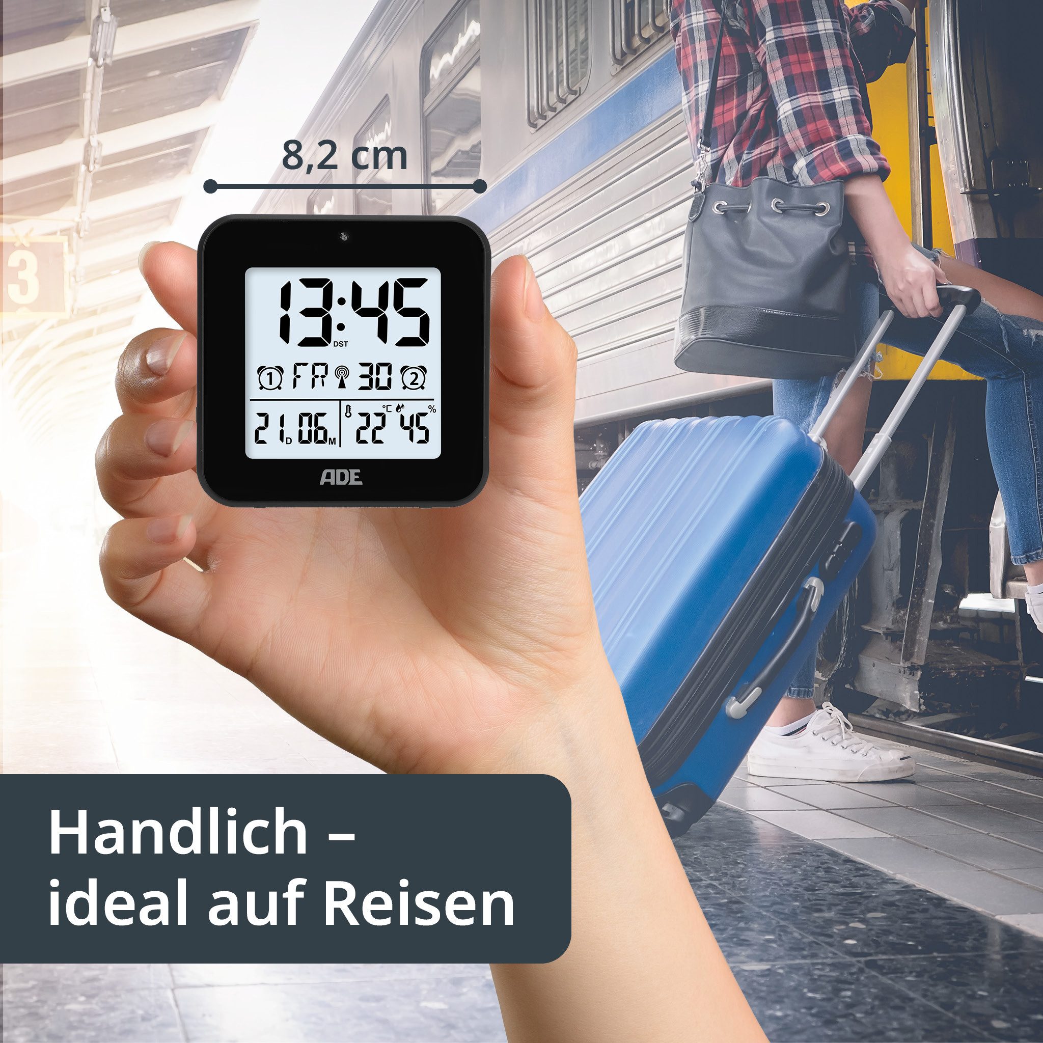 ADE Funkwecker Wecker digital funk mit Temperatur und Luftfeuchtigkeit Wecker mit Licht, 2 Weckzeiten & Schlummerfunktion, inkl. Batterien
