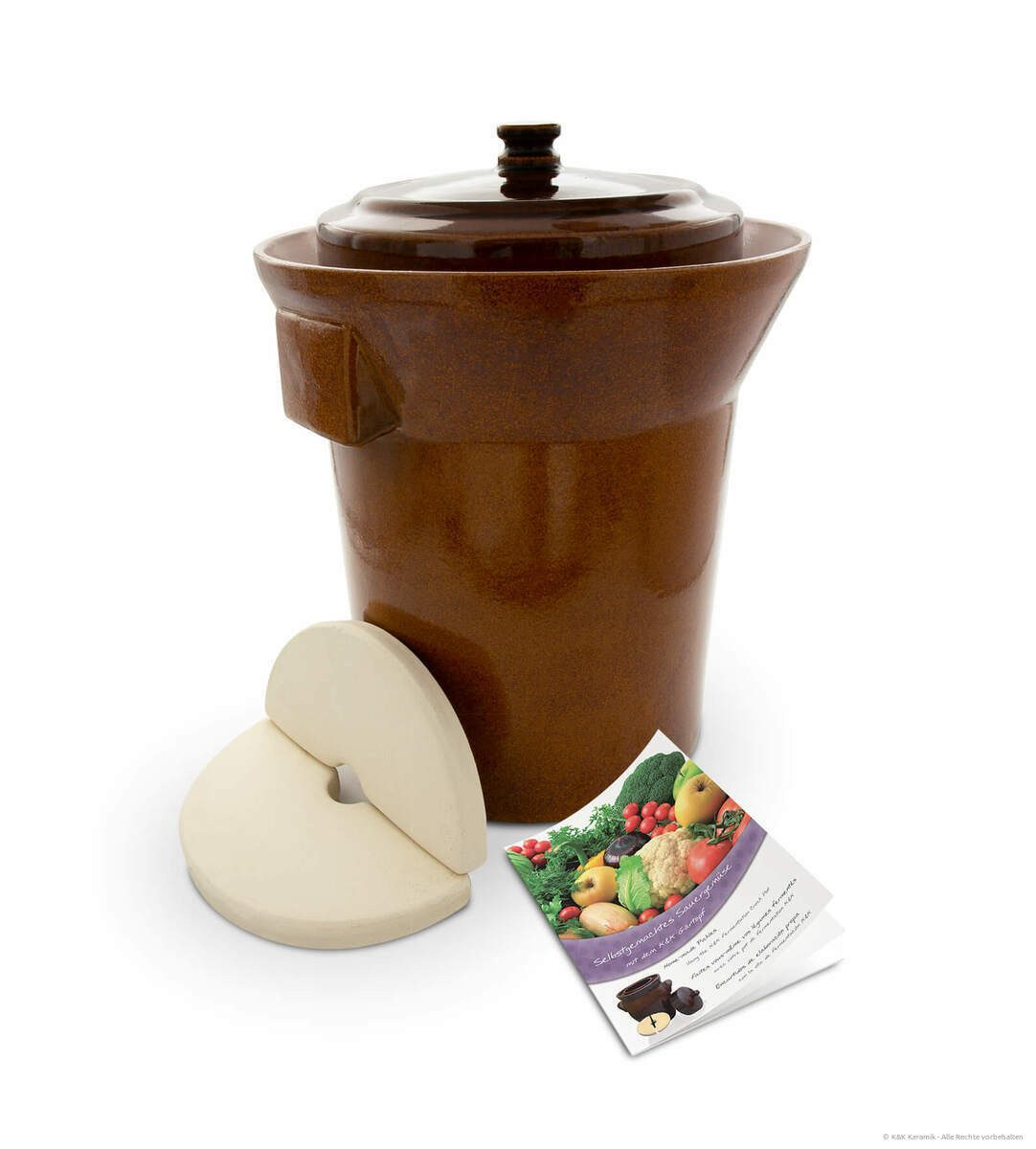 KERAZO Fermentationsglas Premium 10L Gärtopf Sauerkrauttopf Gurkentopf Rumtopf mit Deckel+Stein, Keramik, Mit Wasserrinne, robuste Keramik, lebensmittelecht, für Sauerkraut